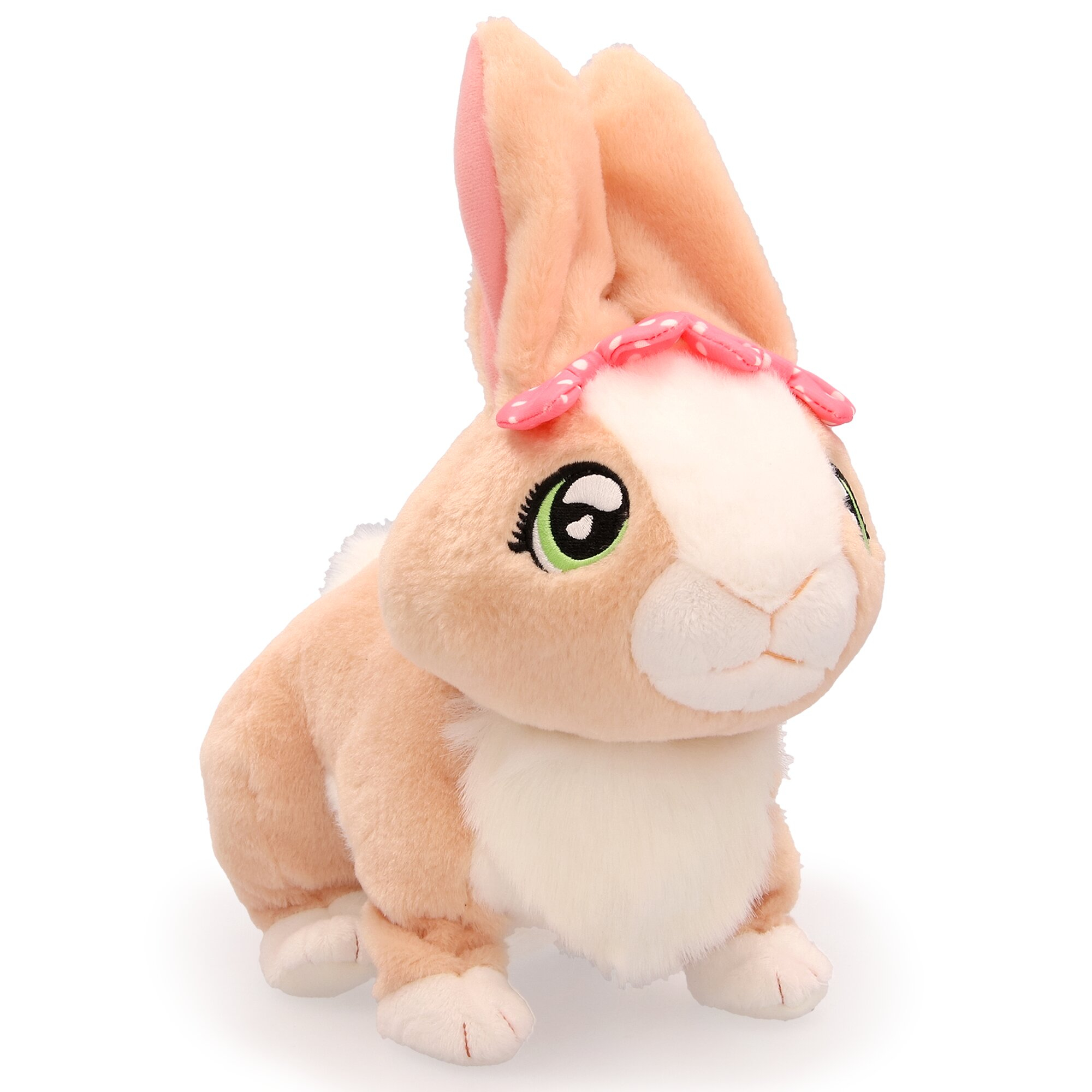 Pluszowa zabawka królik, jasnobrązowy, różowa kokarda, biała twarz.