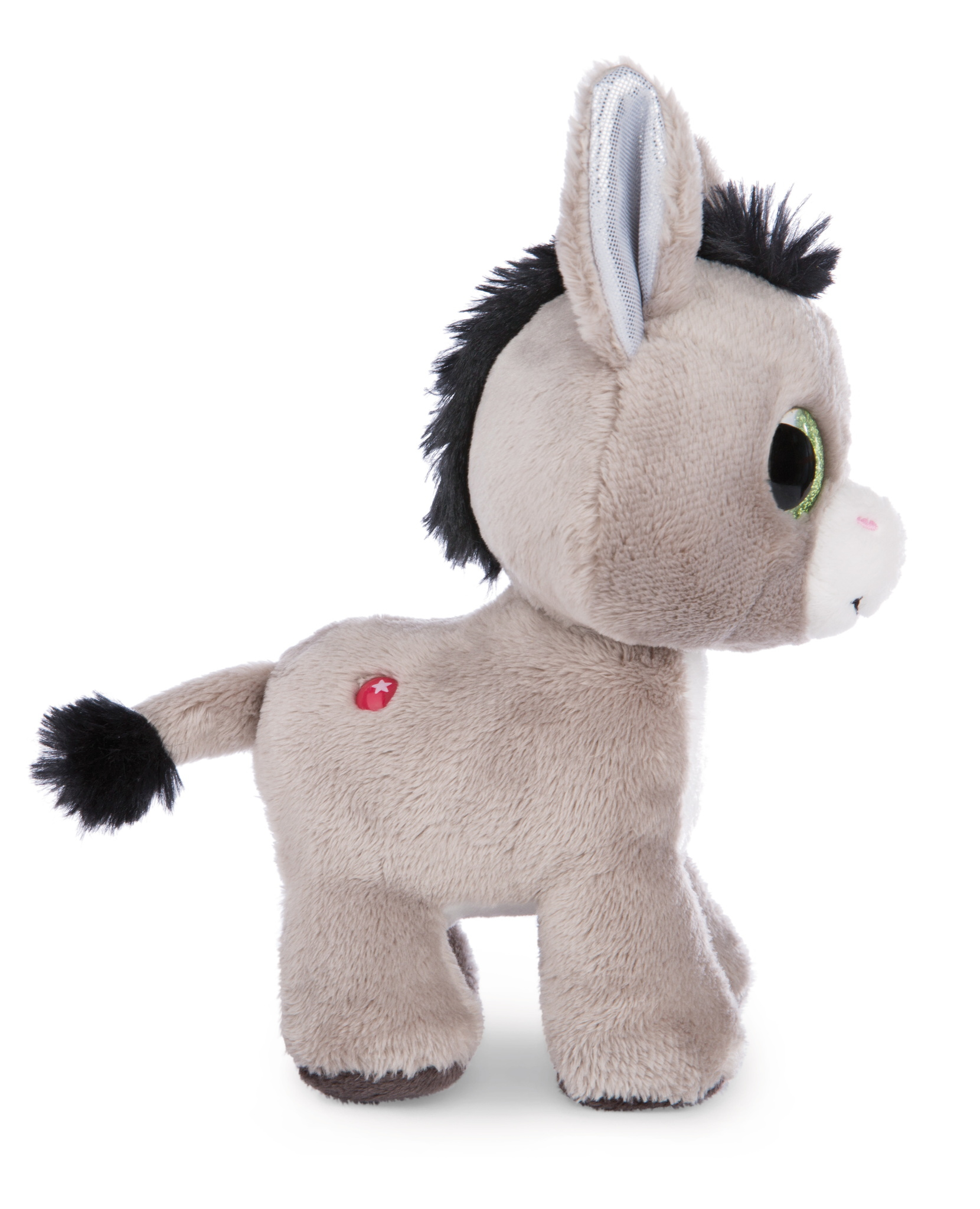 Szary pluszowy osioł. Czarna grzywa i ogon, duże oczy, czerwone serce z boku.