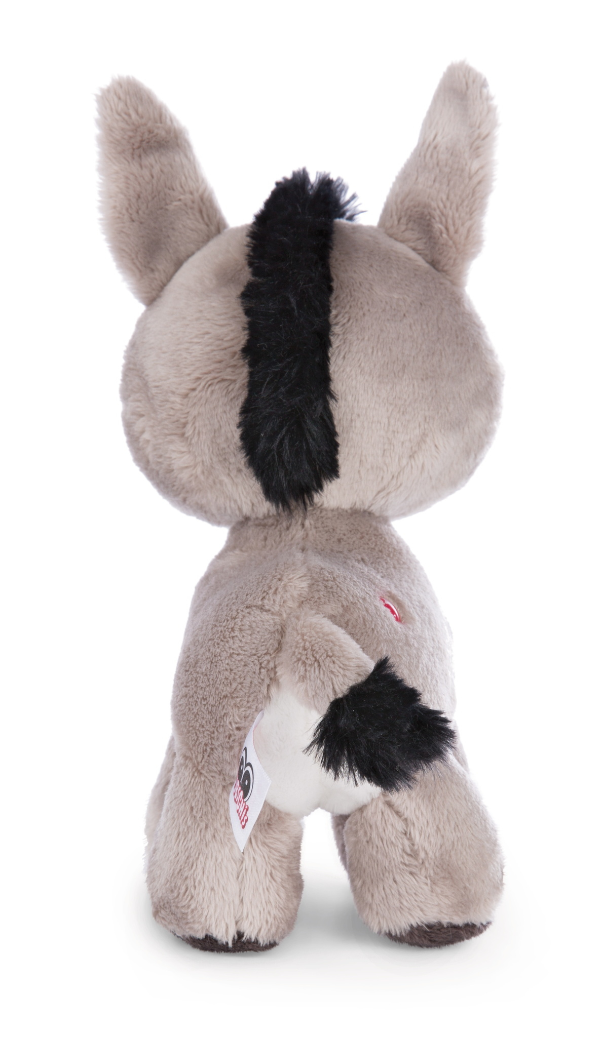 Widok z tyłu szarego pluszowego osła. Czarna grzywa i ogon. Białe tło.