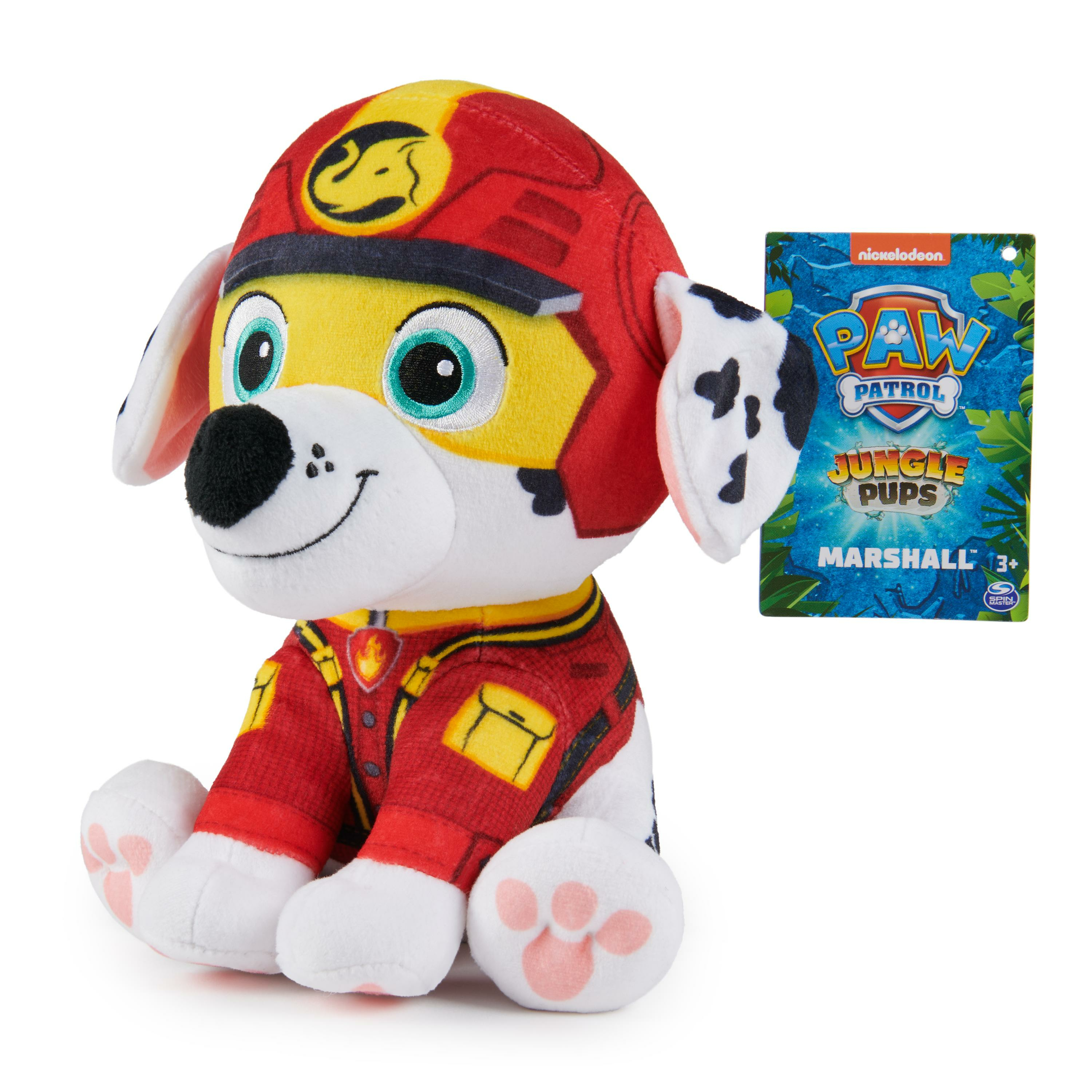 Paw Patrol Marshall Plüschtier und Etikett. Marshall trägt eine rote Uniform. Auf dem Etikett steht Jungle Pups.