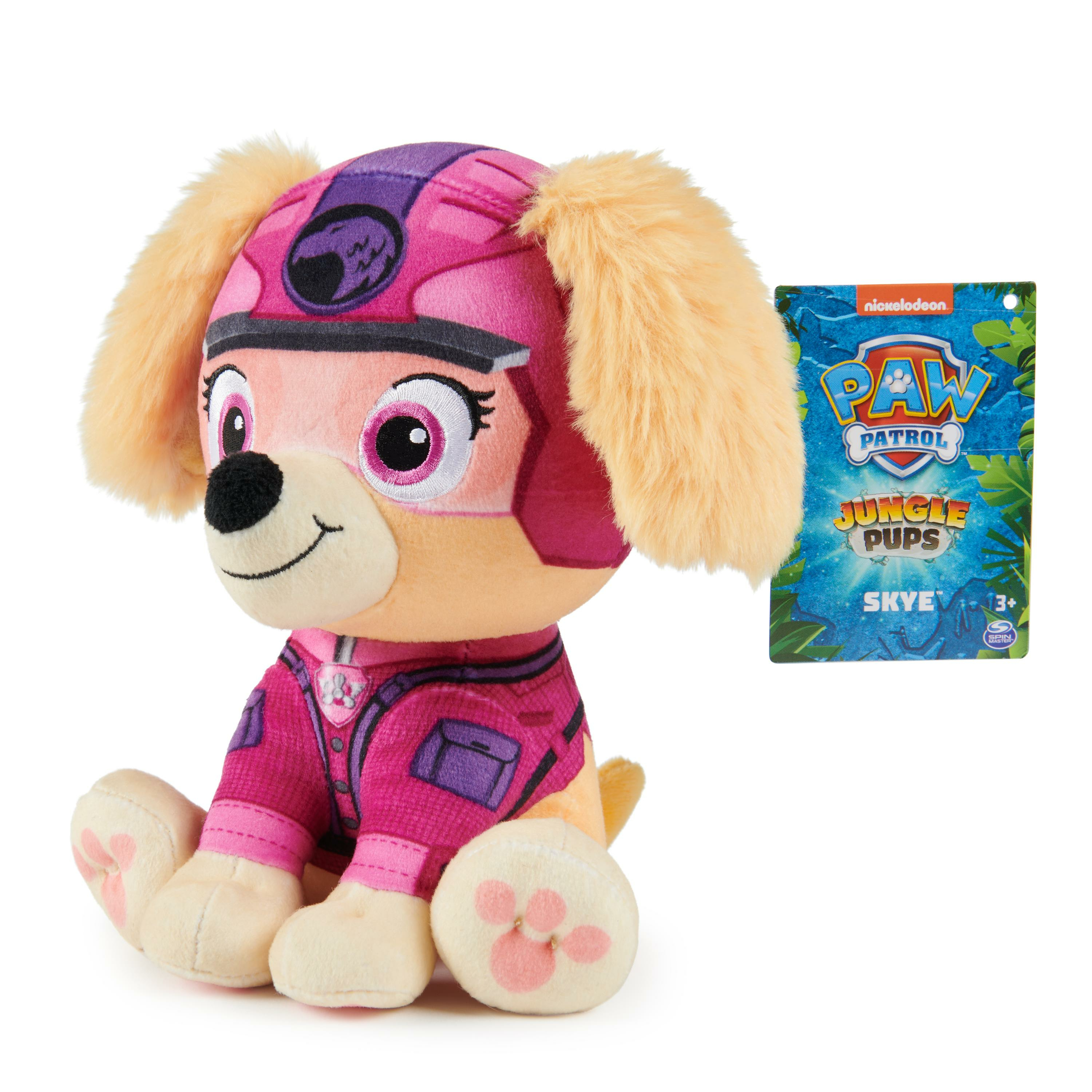 Rosa Skye-Plüschtier von PAW Patrol Jungle Pups, mit Anhänger. Weißer Hintergrund.