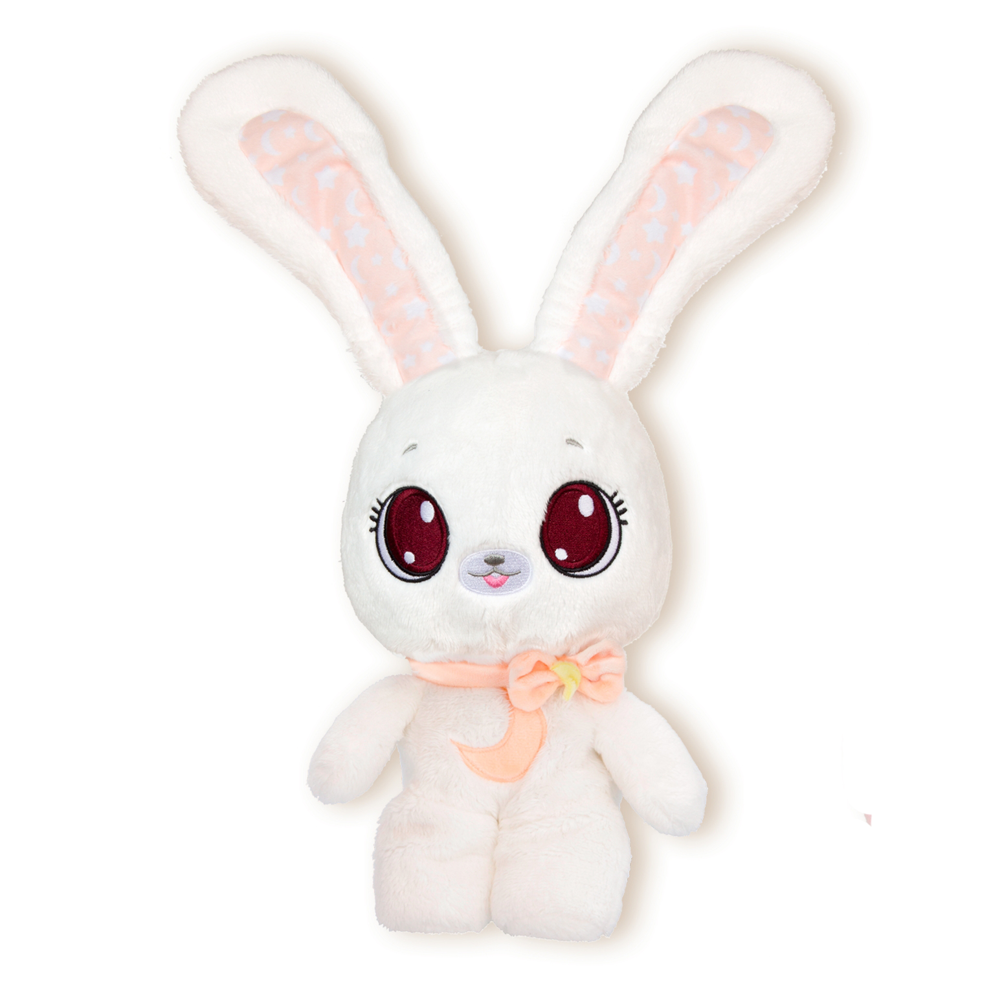 Un peluche de conejito blanco con detalles rosas, con un lazo rosa y ojos rojos grandes.