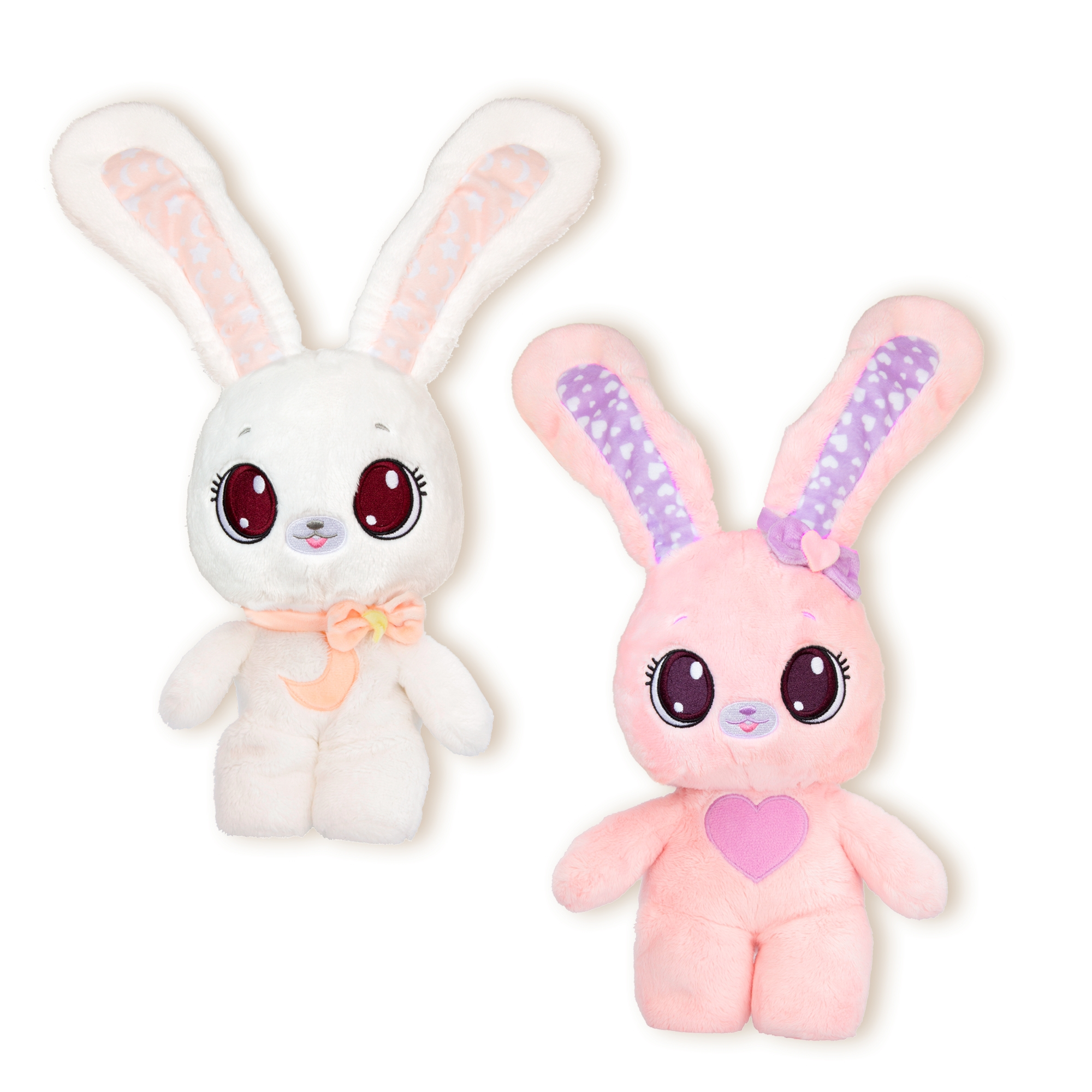 Dos peluches de conejos, uno blanco y otro rosa, cada uno con ojos grandes.