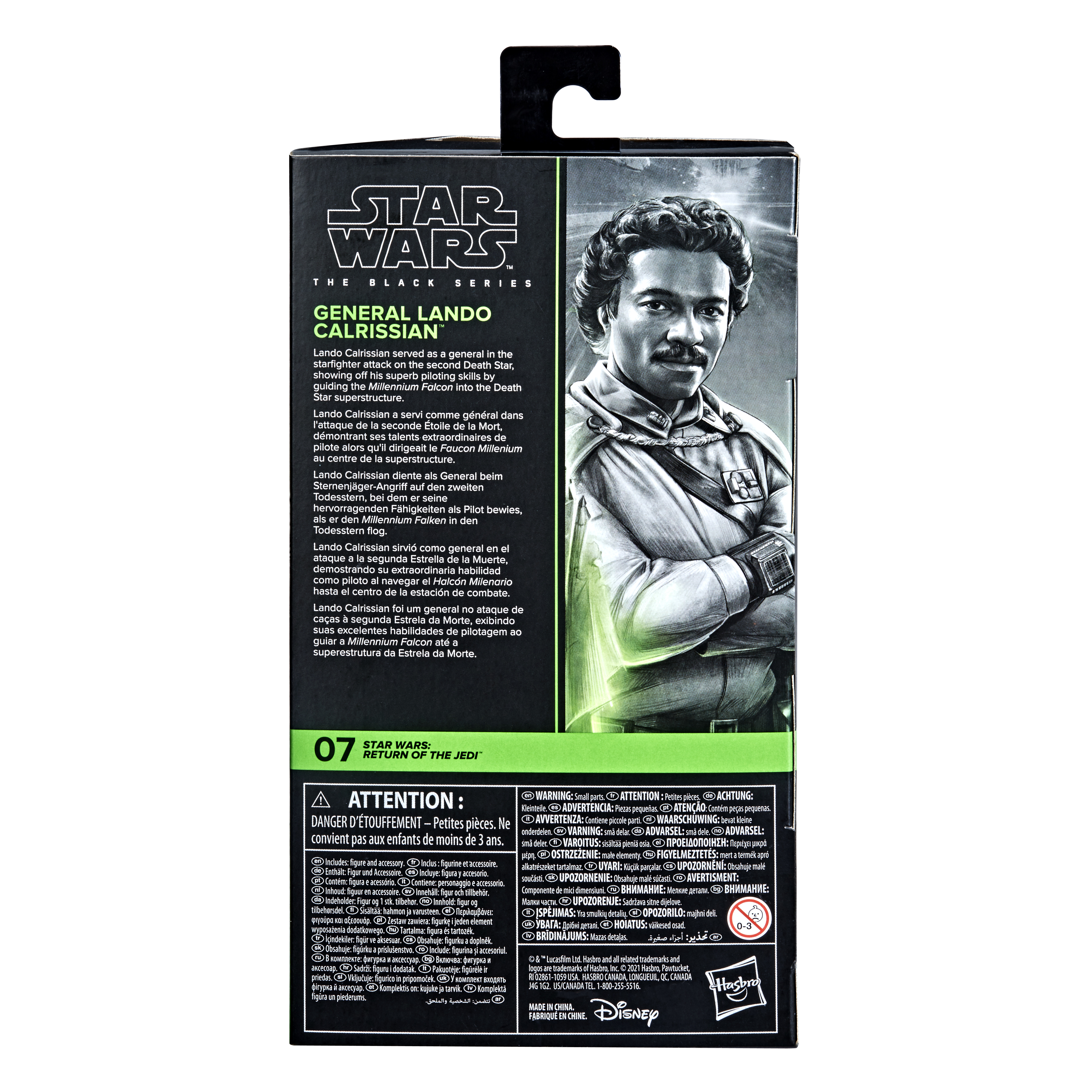 Il retro di una scatola di Star Wars con il Generale Lando Calrissian, con testo in più lingue.