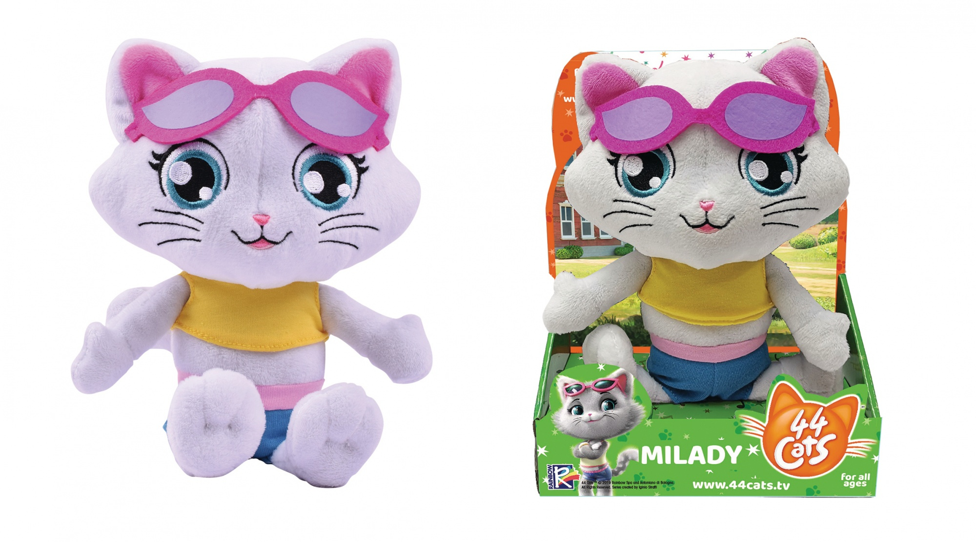 Pluszowa zabawka w postaci białego kota z okularami przeciwsłonecznymi i żółtą górą, w pudełku.