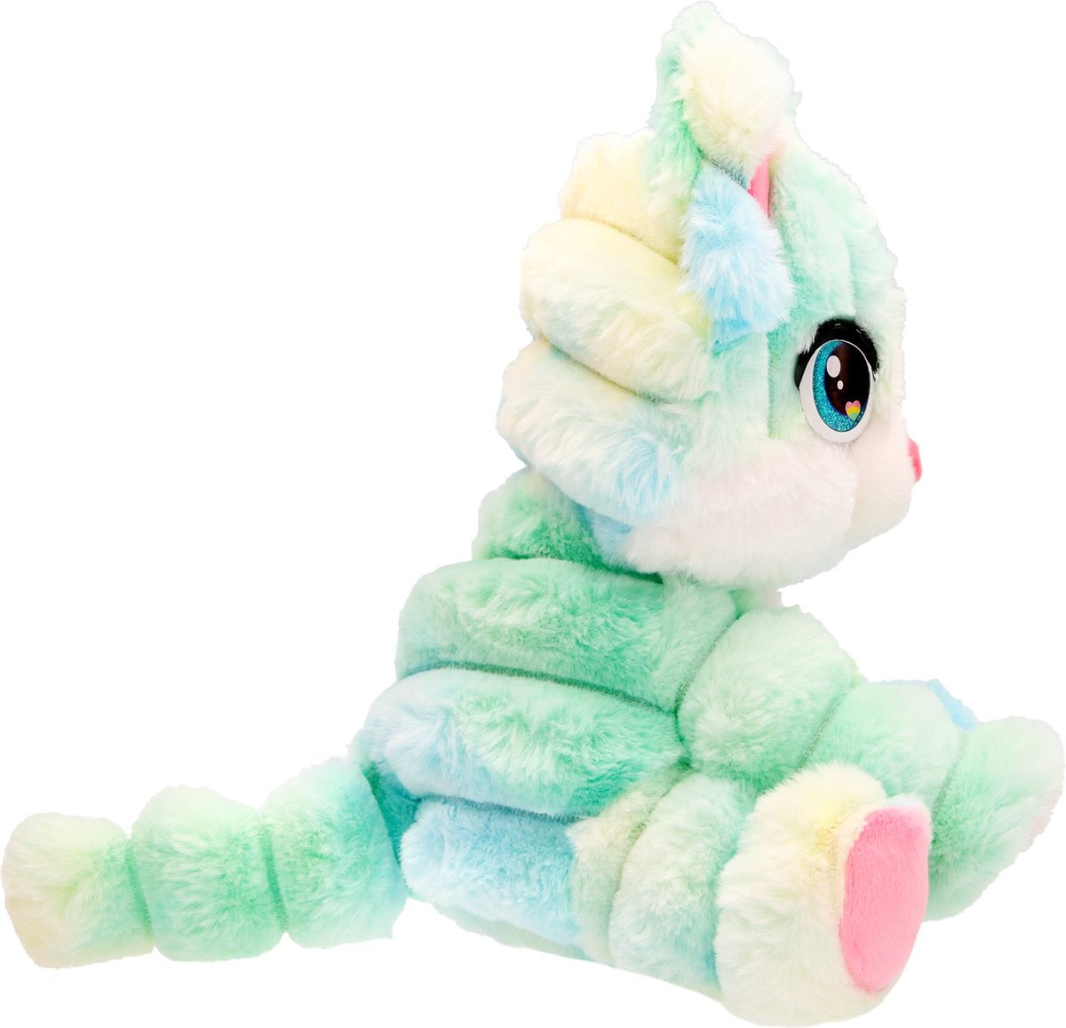 A colorful plush cat toy in profile, with large eyes and a fluffy tail.