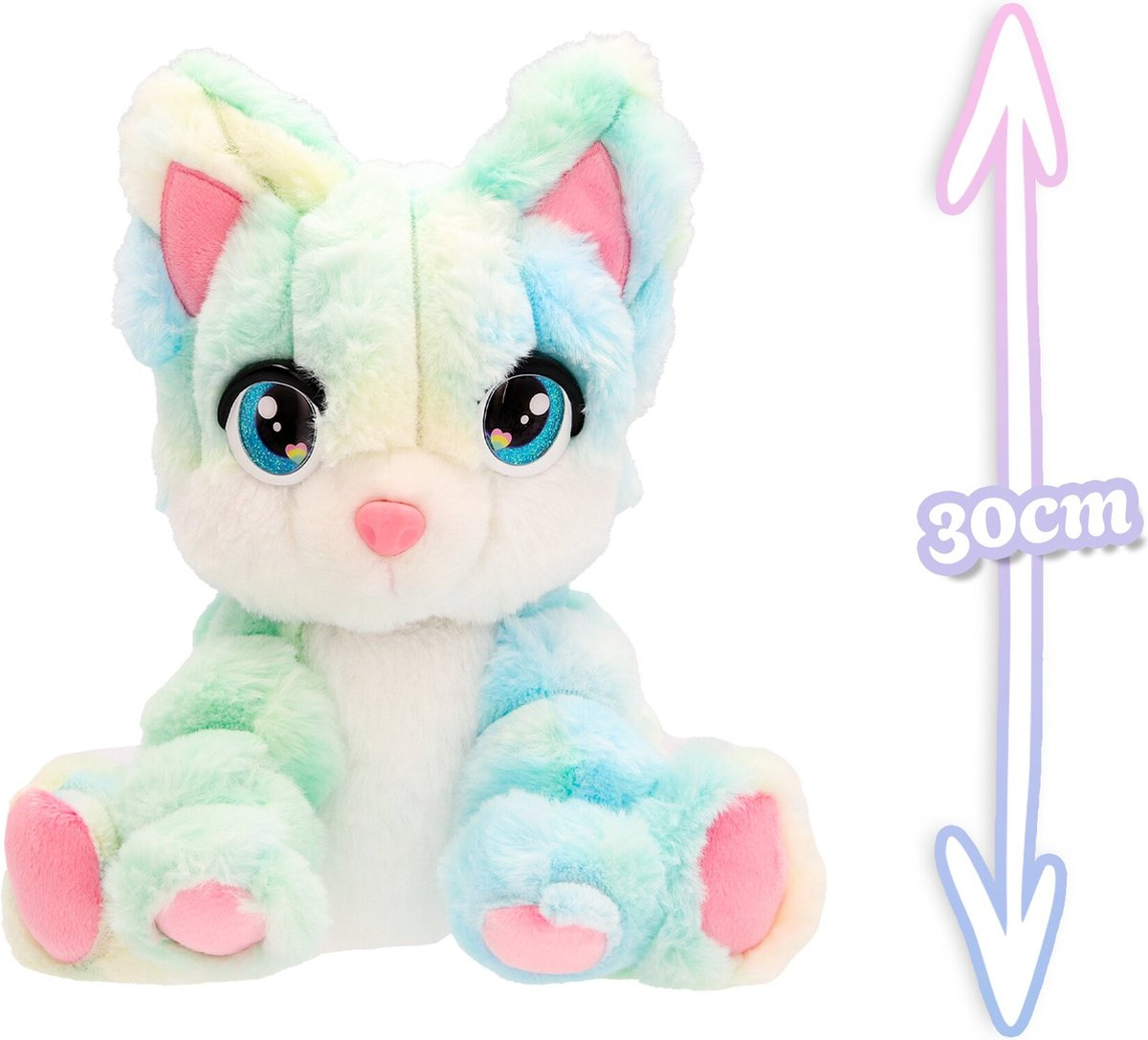 A colorful plush cat toy with big eyes, sitting with cotton candy props, and a 30cm arrow.
