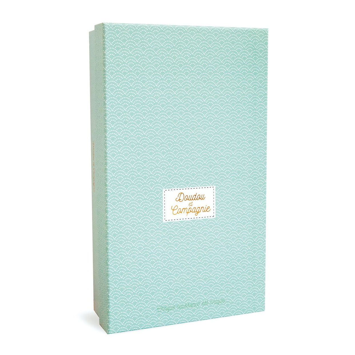 Jasnoniebieskie pudełko ze wzorem i złotą etykietą z tekstem.