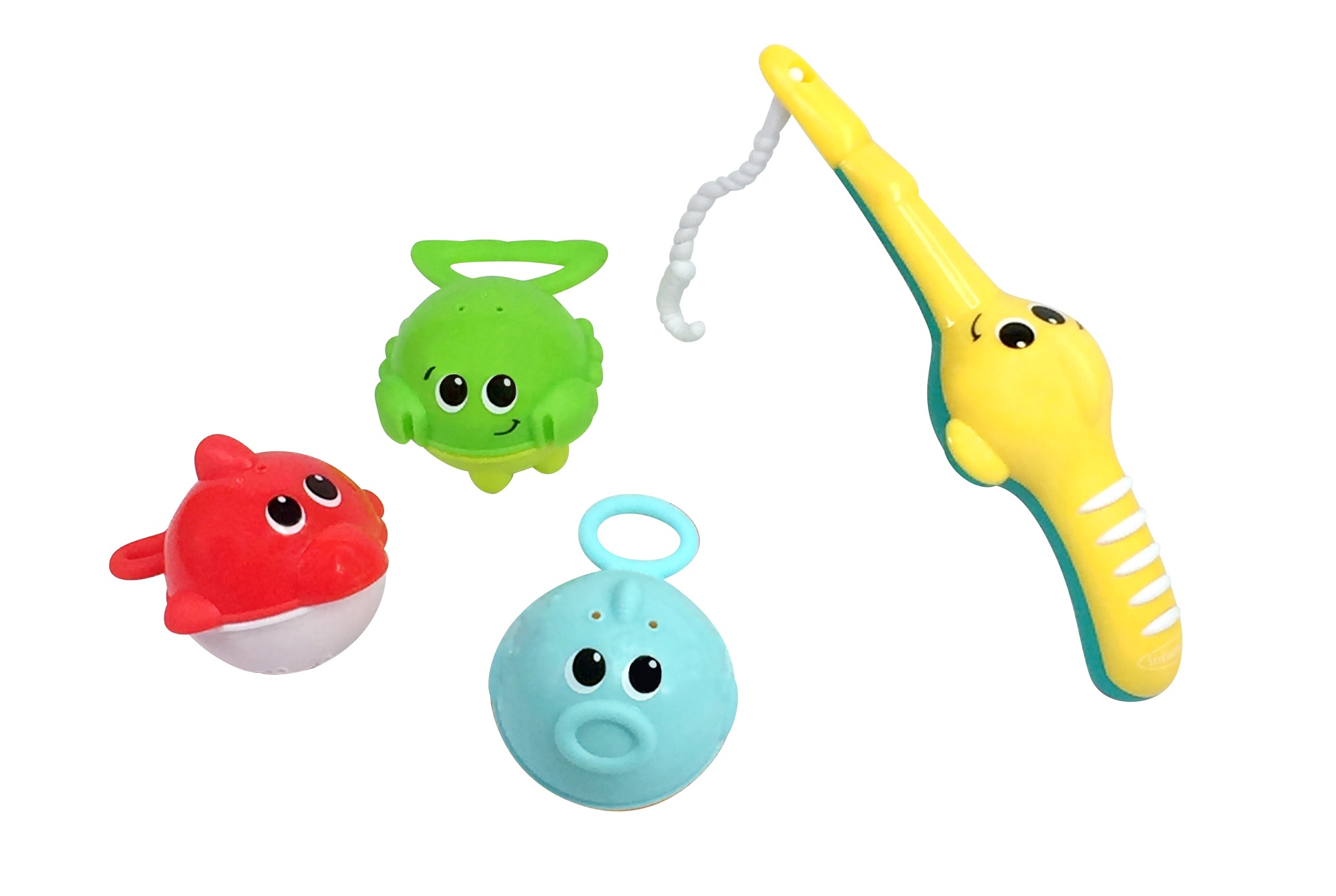 Zabawkowy zestaw wędkarski z rybami i żółtą wędką.