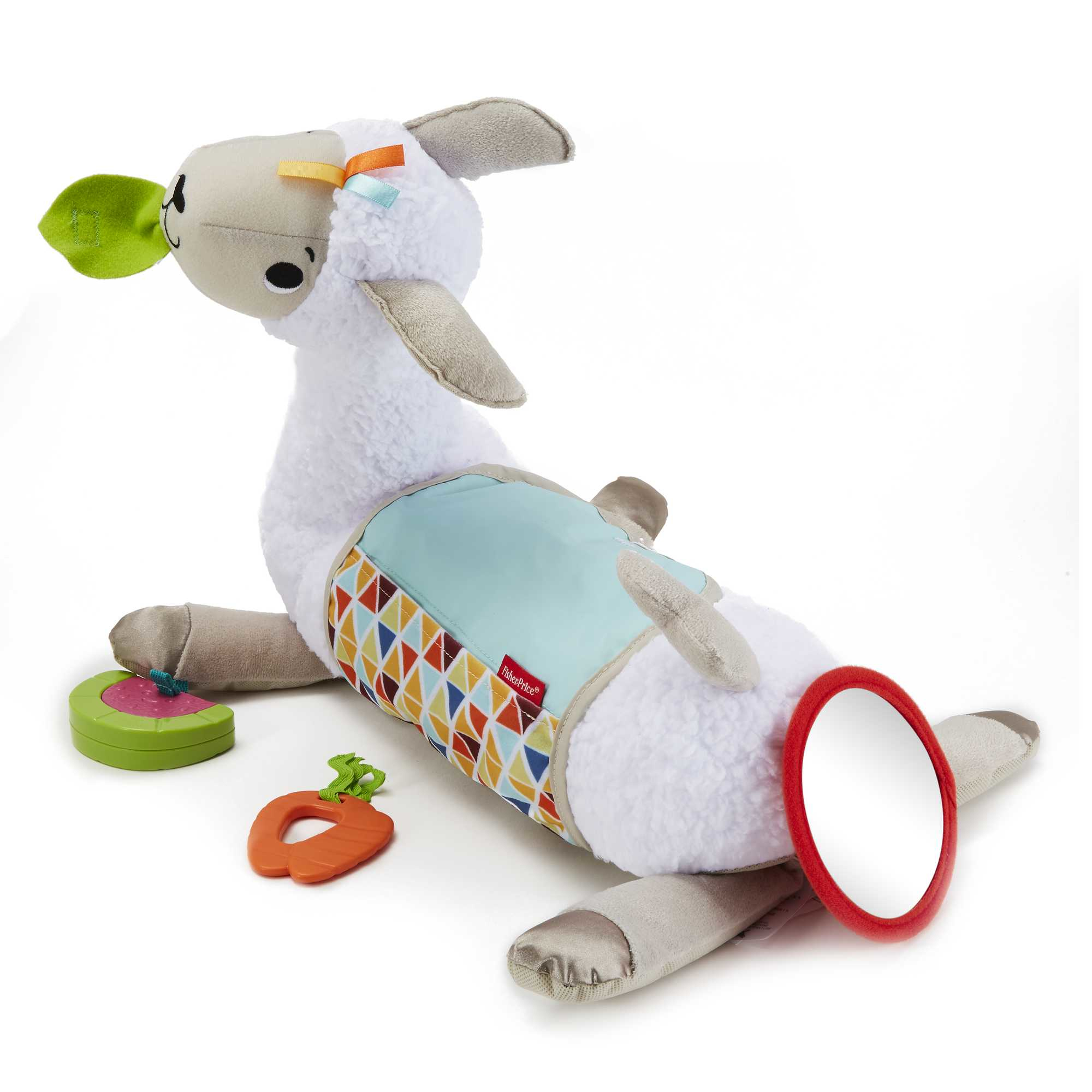 Pluszowa zabawka w kształcie lamy z lusterkiem, marchewką i zielonym liściem. Ma niebieski wzorzysty brzuszek.