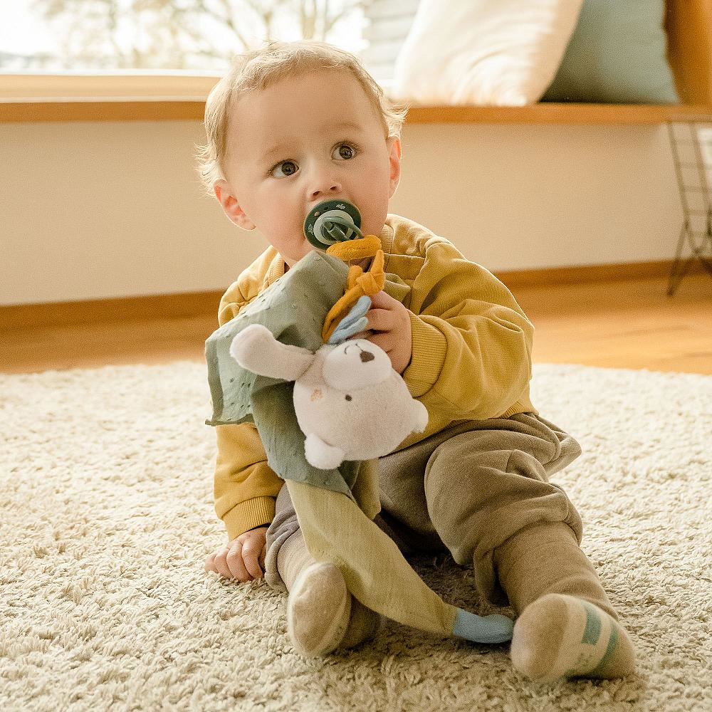 Niemowlę z smoczkiem, trzymające zabawkę. Dziecko jest na dywanie z oknem w tle.