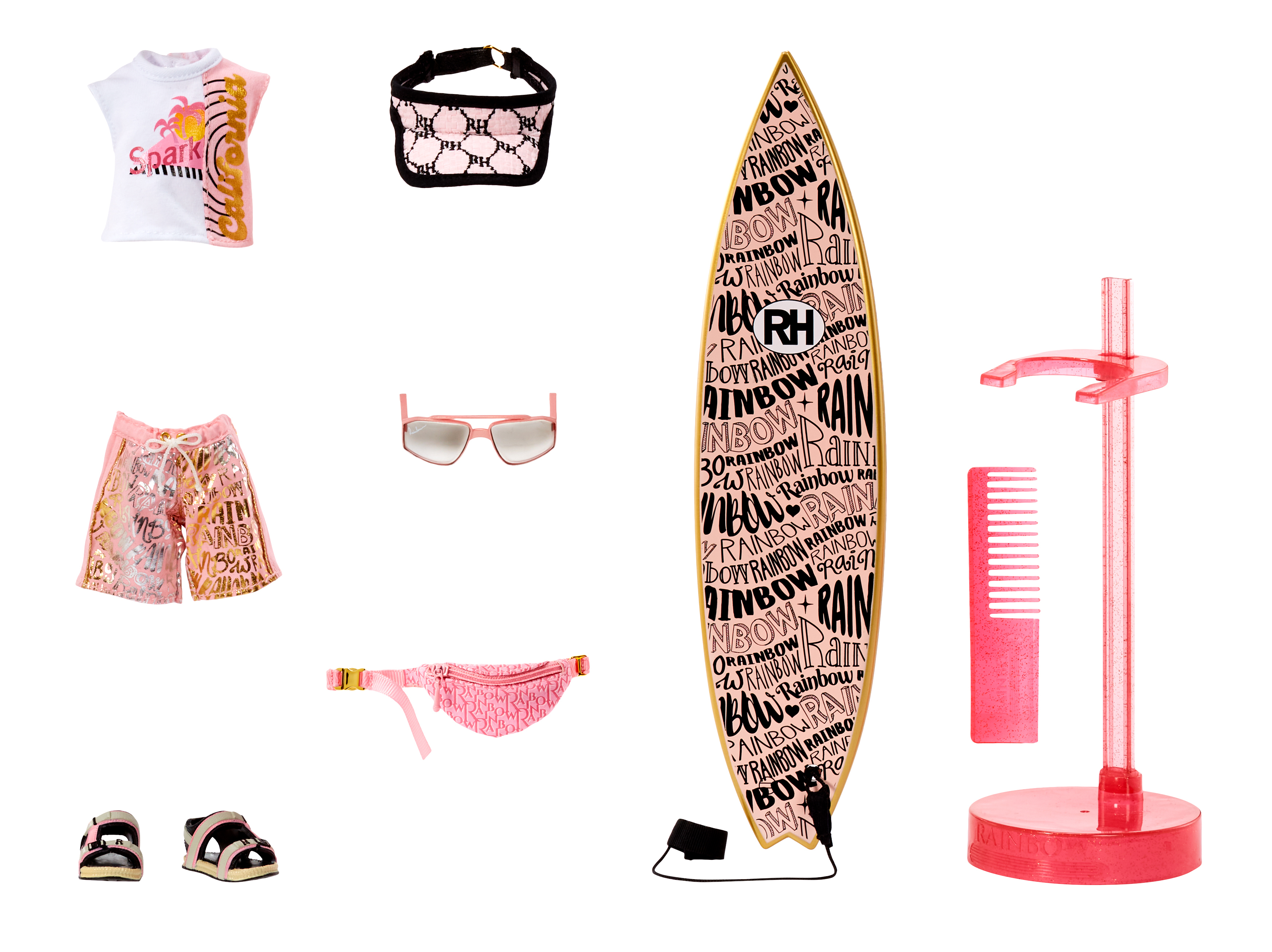 Różne akcesoria dla lalki, w tym deska surfingowa, ubrania i buty, na białej powierzchni.