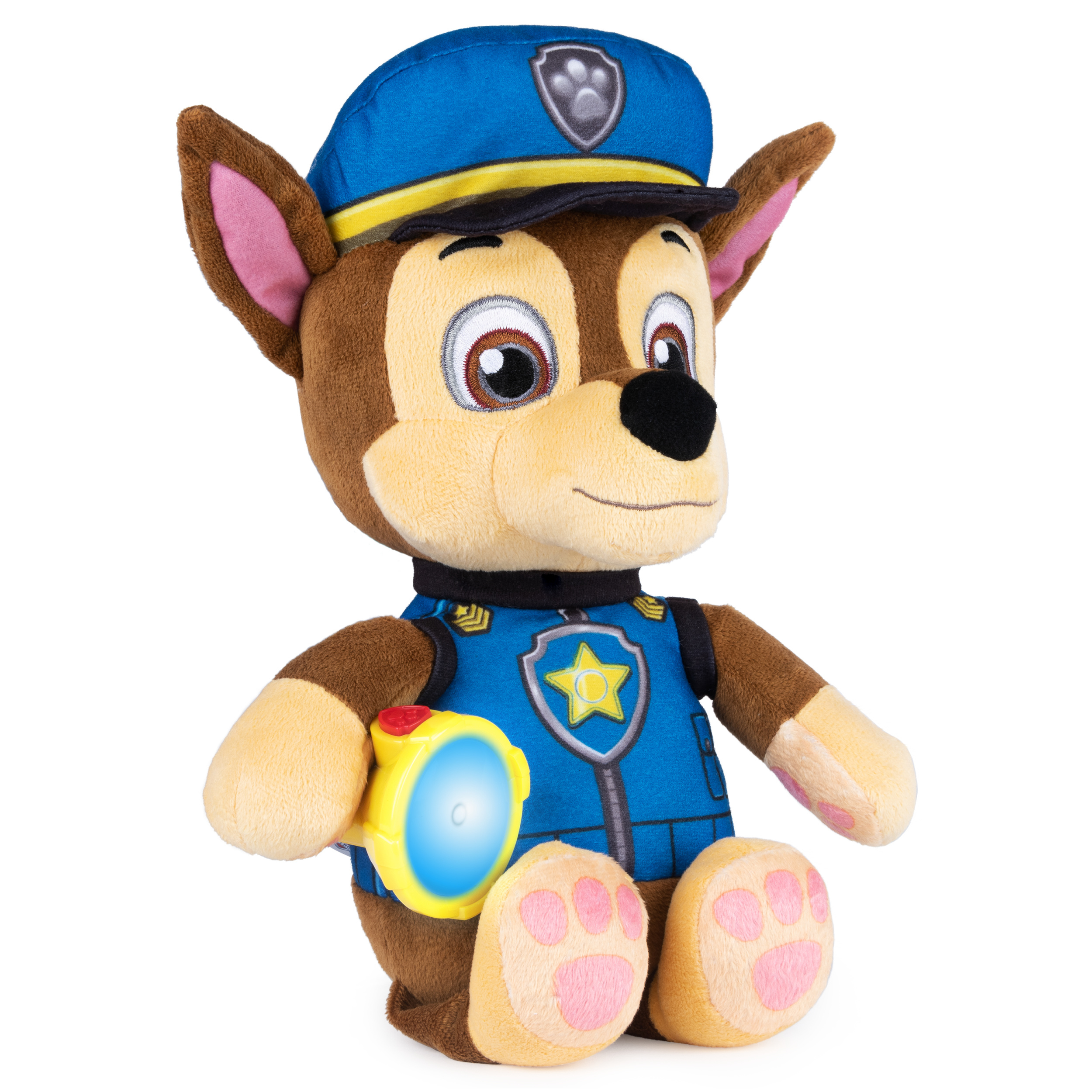 Chase, il peluche di Paw Patrol, con uniforme blu da poliziotto e torcia.