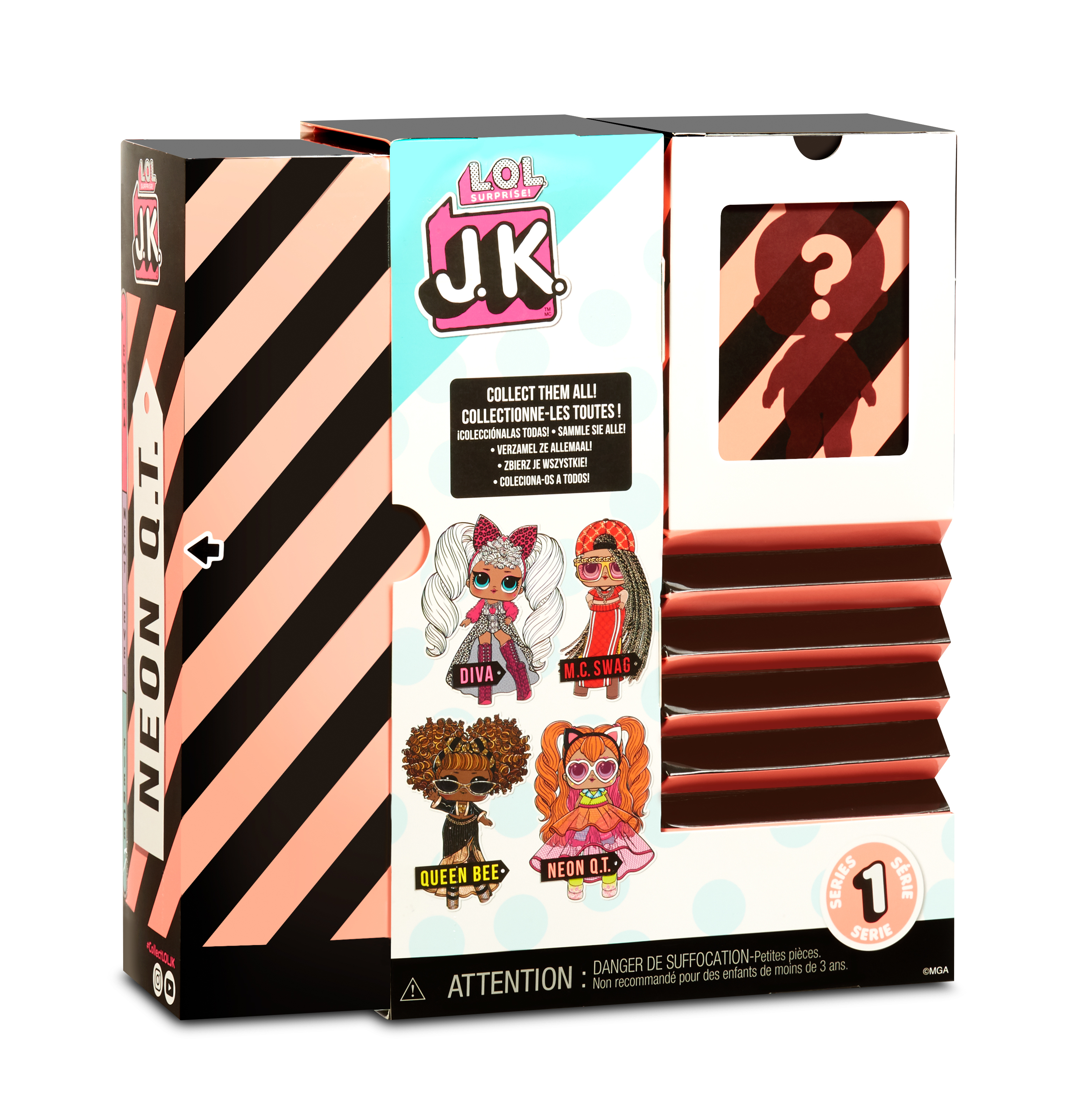 Die Rückseite einer LOL JK-Box, die die verschiedenen Puppen zum Sammeln und eine Silhouette mit einem Fragezeichen zeigt.