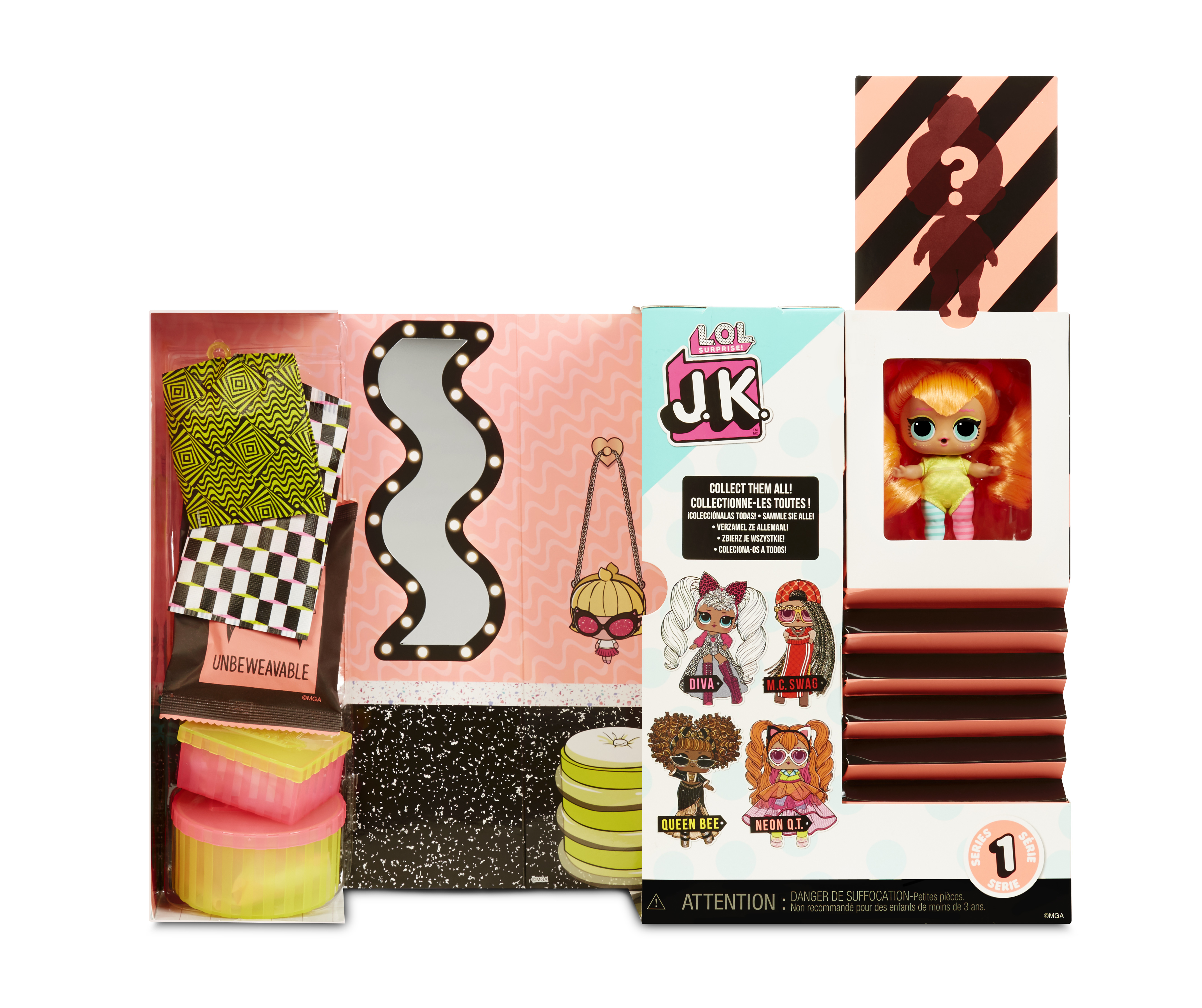 Eine Box mit LOL Surprise-Spielzeug, die die Puppe, einige Accessoires und eine Fragezeichensilhouette zeigt.