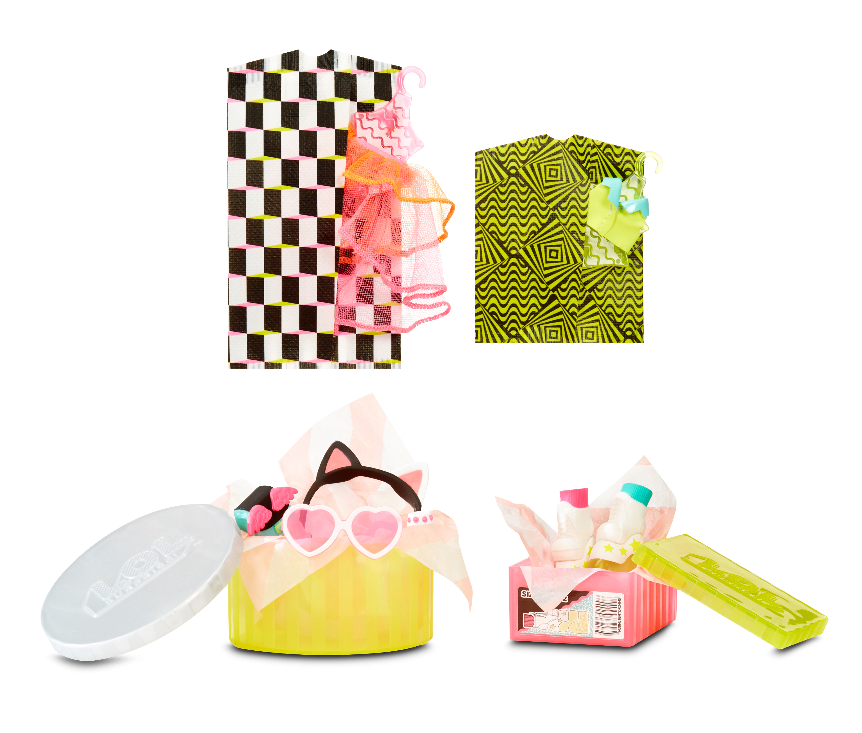 Ein Set von LOL Surprise-Accessoires, darunter Sonnenbrillen, Kleidung und kleine Schachteln, auf einer weißen Oberfläche.