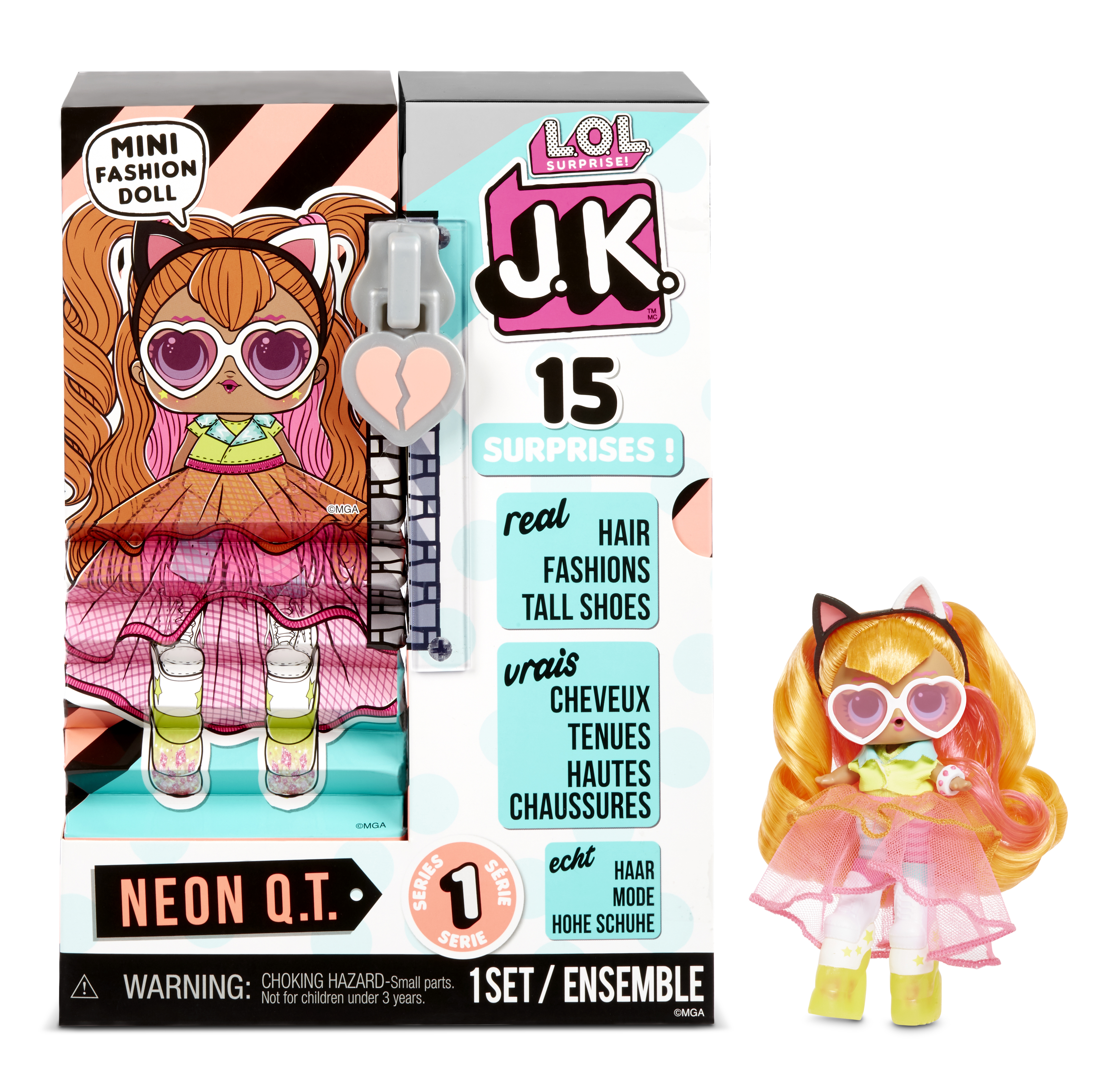 Eine LOL Surprise Puppenbox mit Puppe und Zubehör. Die Puppe hat orange Haare und Sonnenbrille.