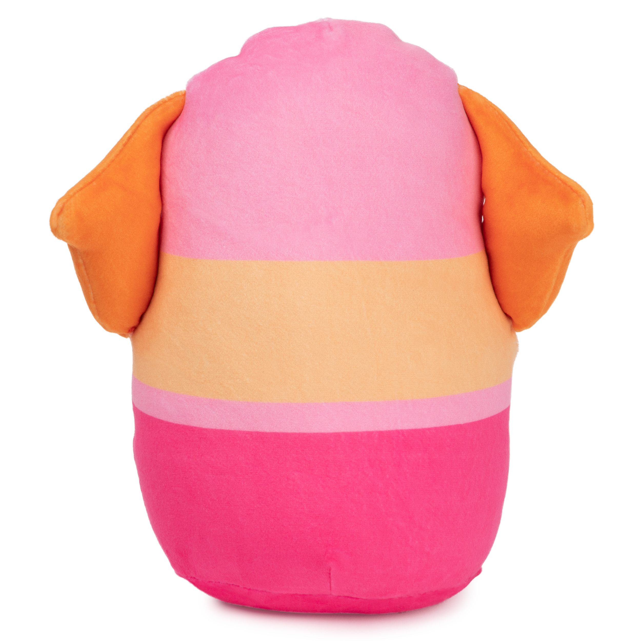 Vista posteriore di un peluche rosa di Skye di Paw Patrol. Orecchie arancioni e corpo rosa e arancione.