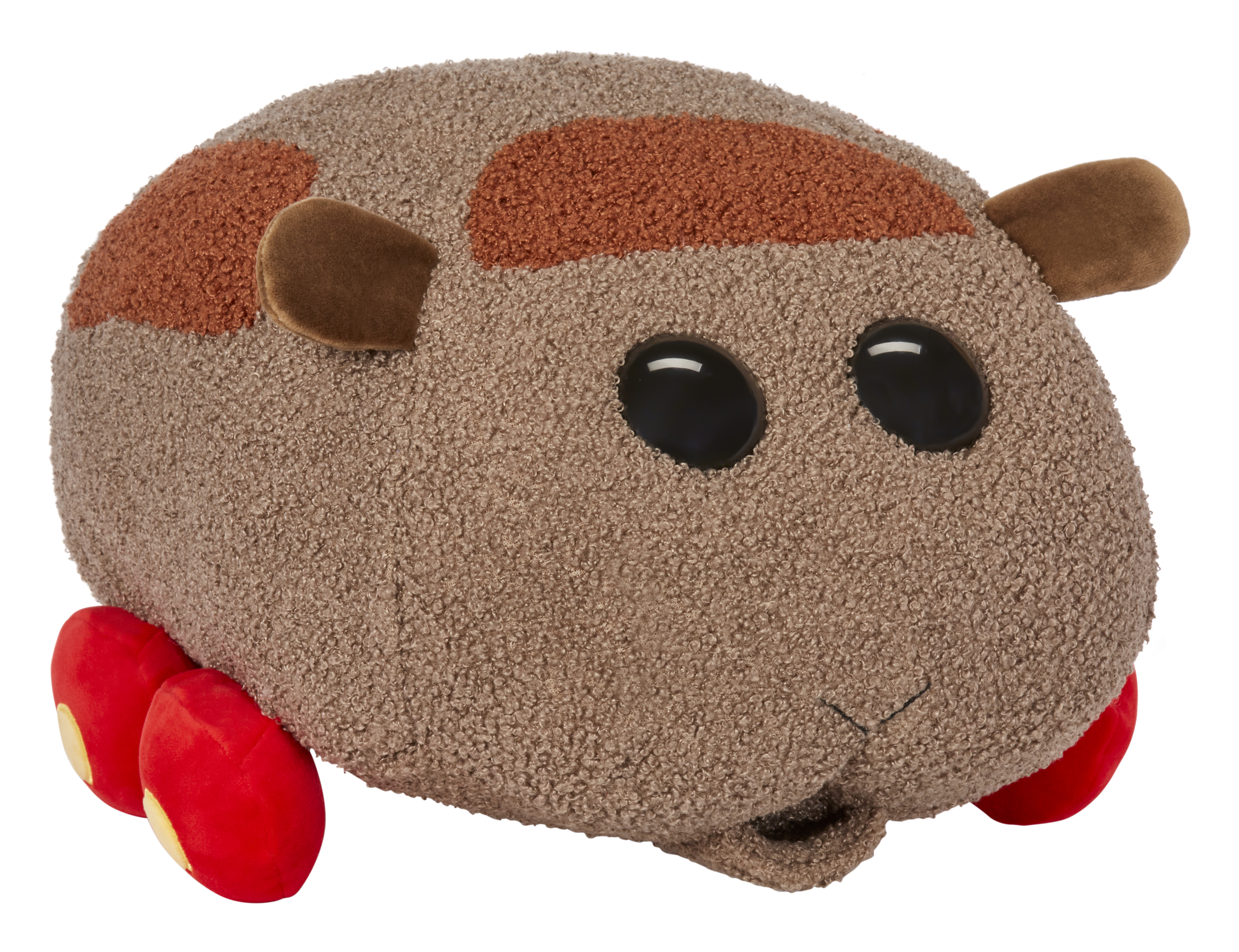 Un peluche marrone a forma di faccia di criceto. Ha grandi occhi neri e guance rosse.