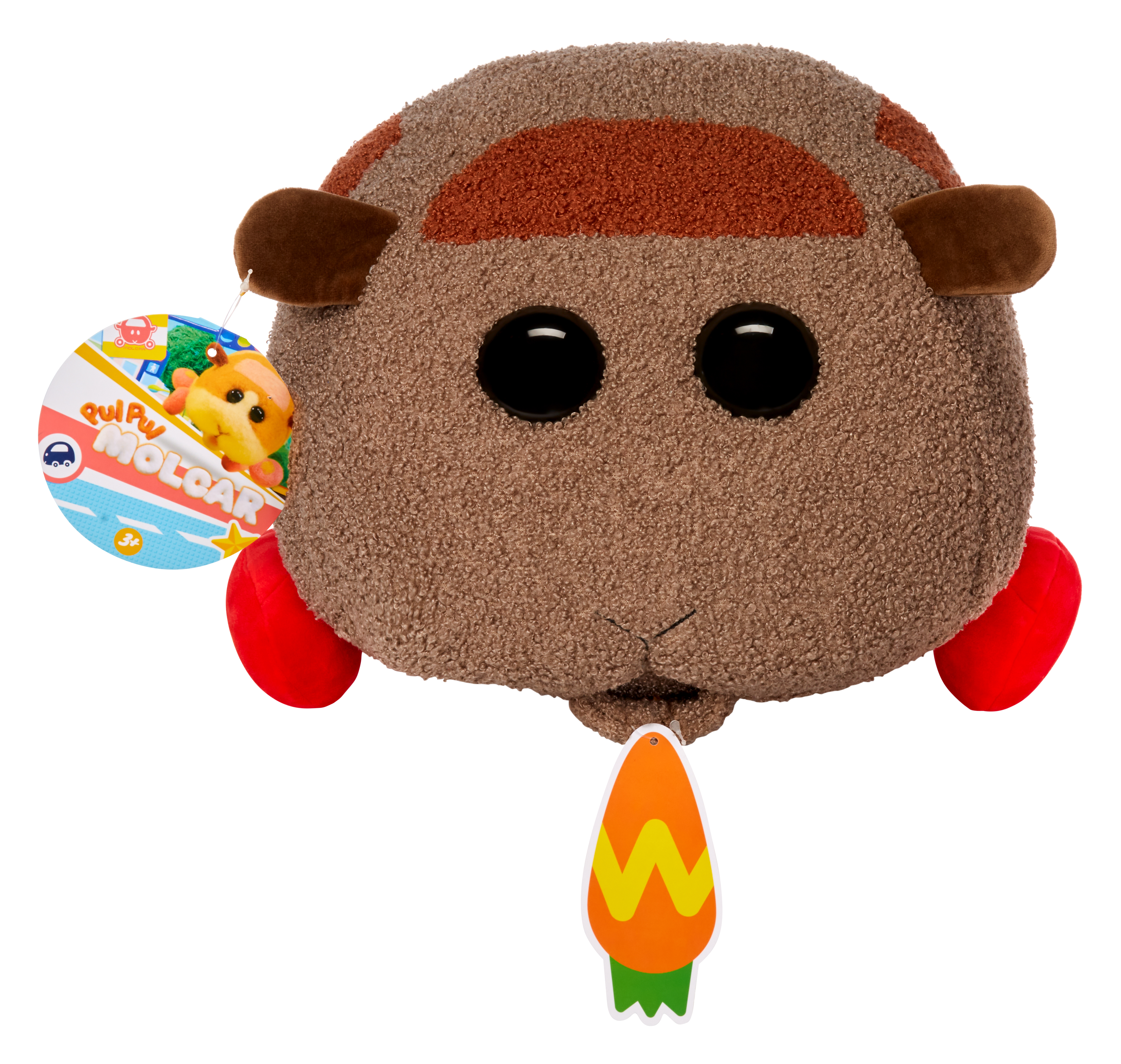 Un peluche di un animale marrone con grandi occhi neri.