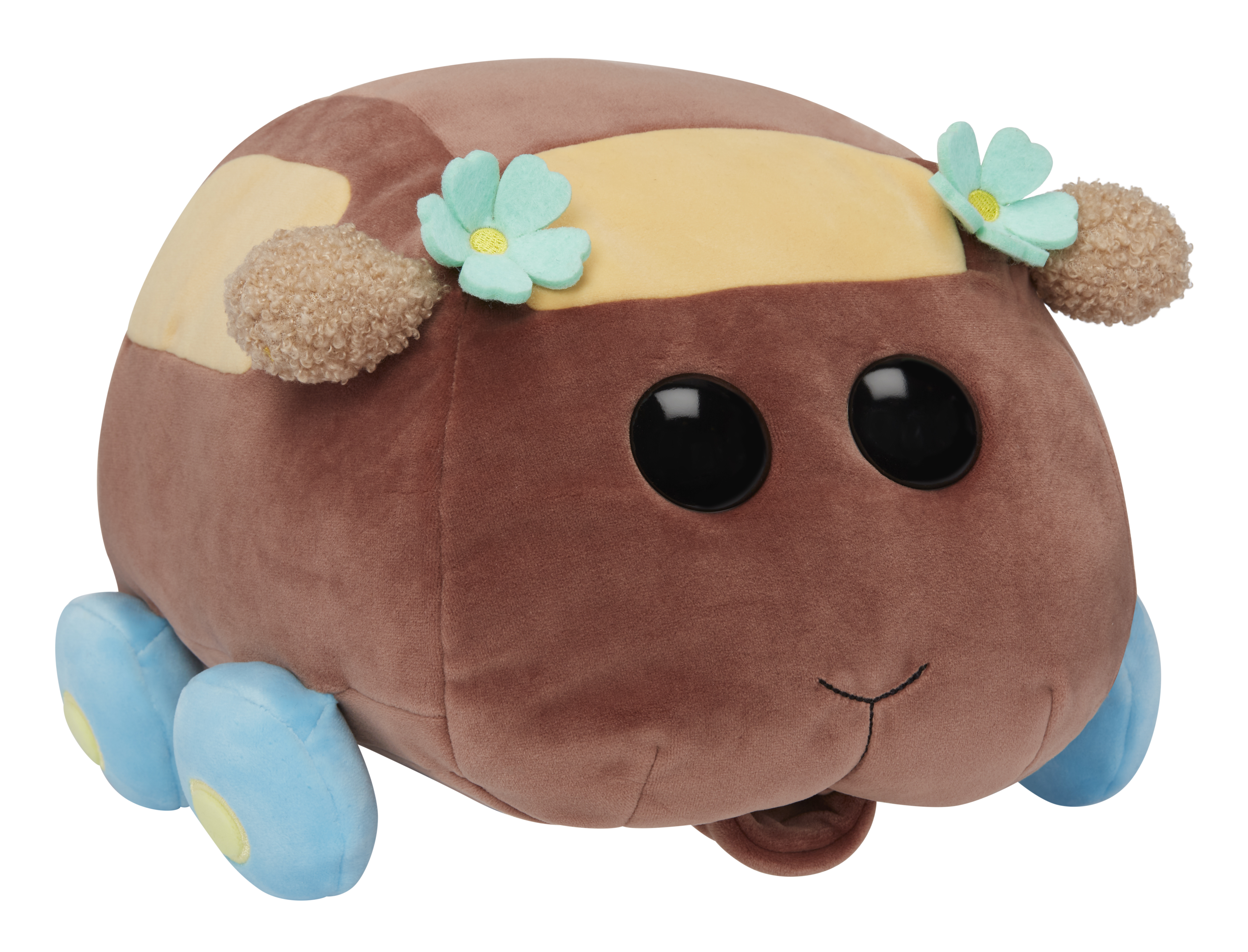 Peluche a forma di auto marrone con ruote blu e fiori sopra.