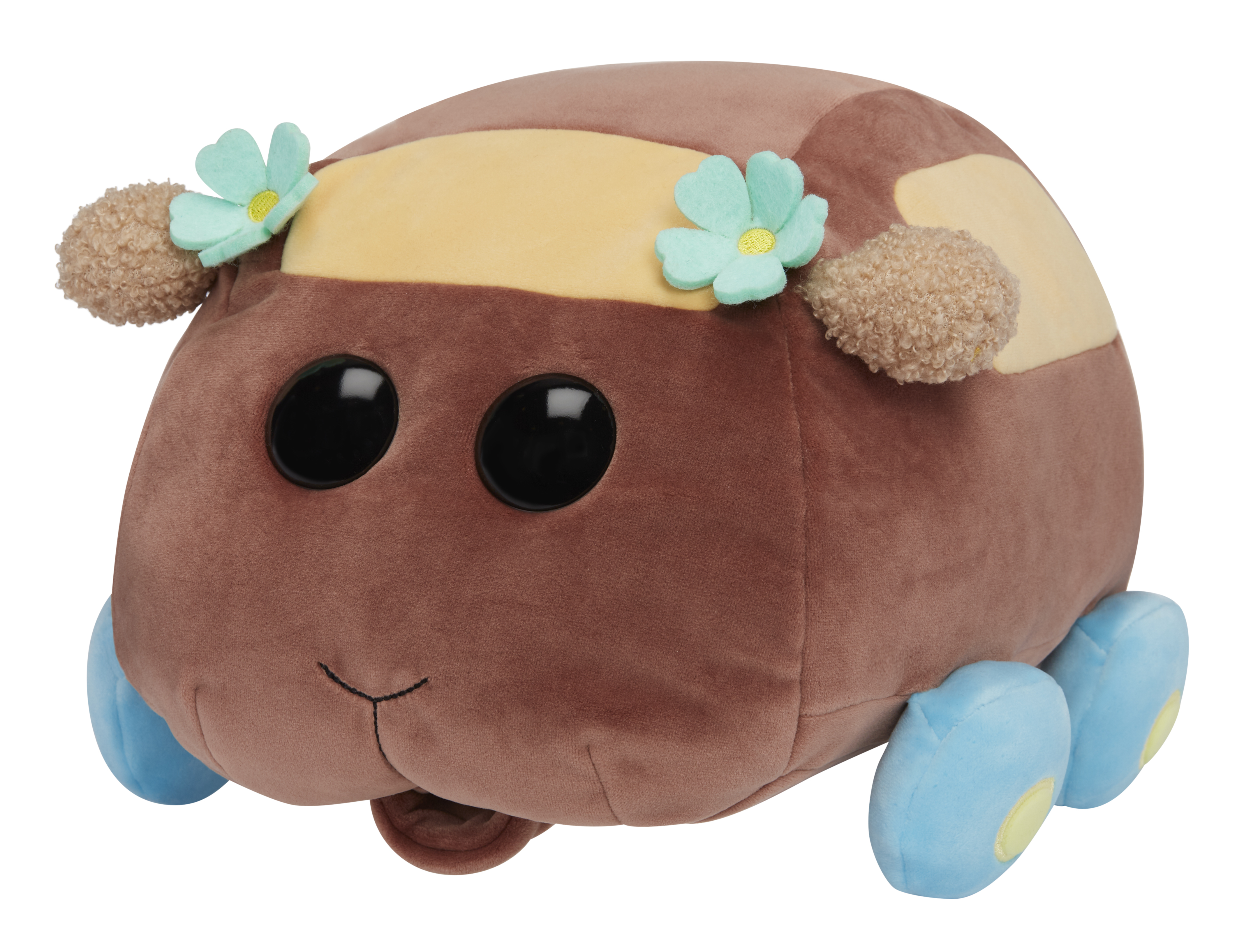 Peluche a forma di auto marrone con ruote blu, striscia gialla e fiori sul tetto. Vista laterale.