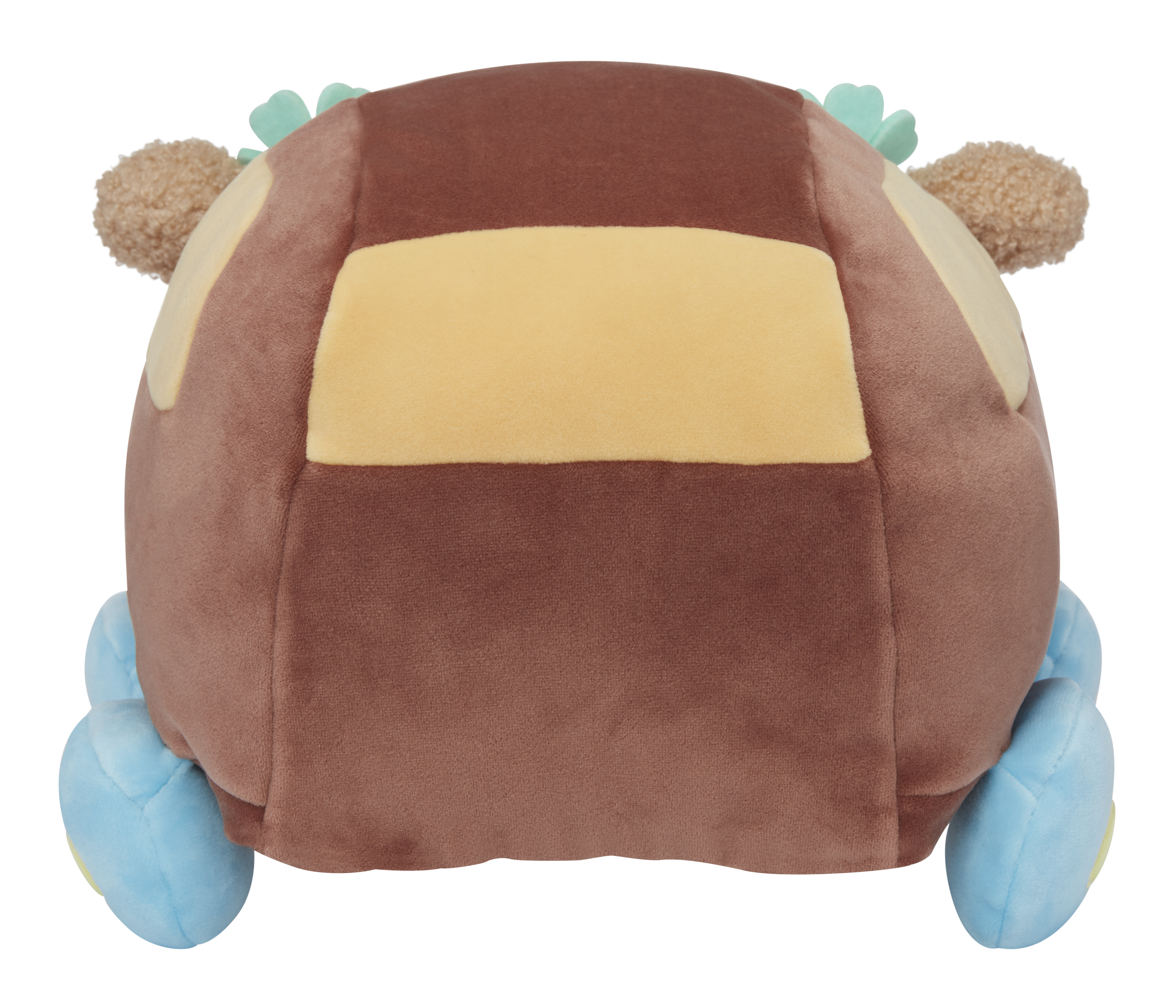 Peluche a forma di auto marrone con ruote blu, striscia gialla e fiori sul tetto. Vista posteriore.
