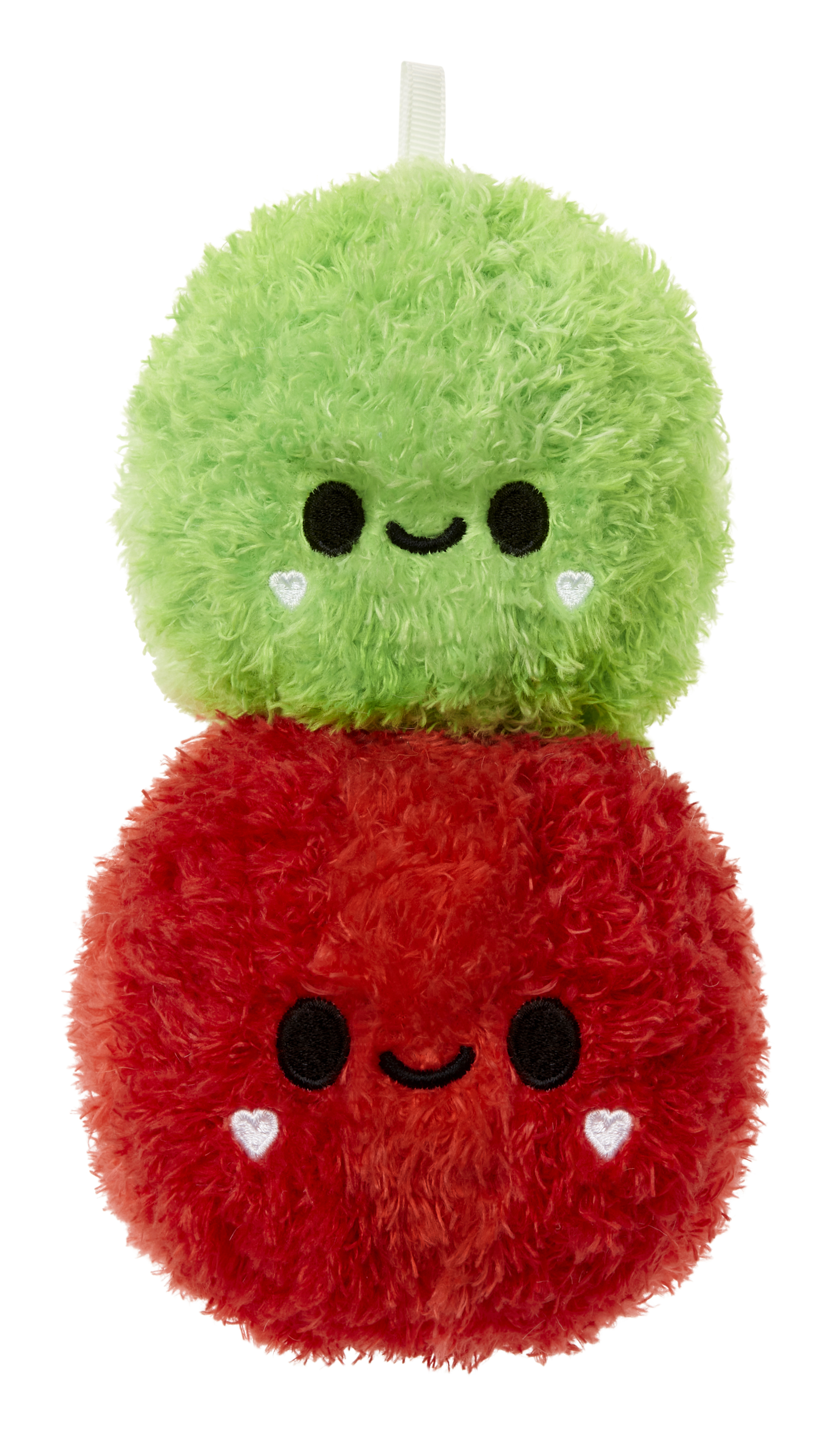 Dwie pluszowe kulki, zielona i czerwona, z uśmiechniętymi twarzami i białymi serduszkami.