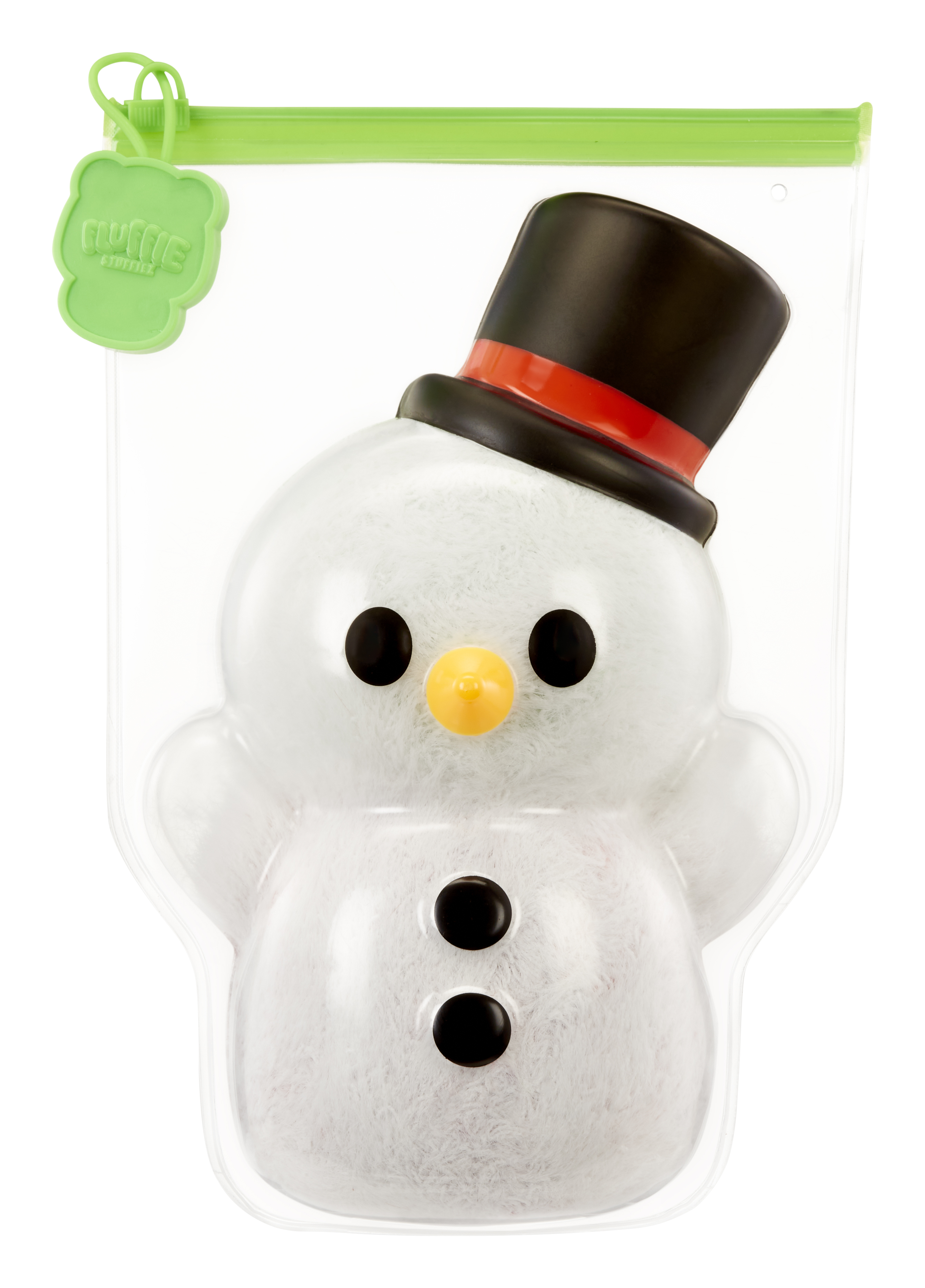 Zabawka bałwana w przezroczystej plastikowej torbie. Bałwan ma czarny kapelusz i czarne guziki.