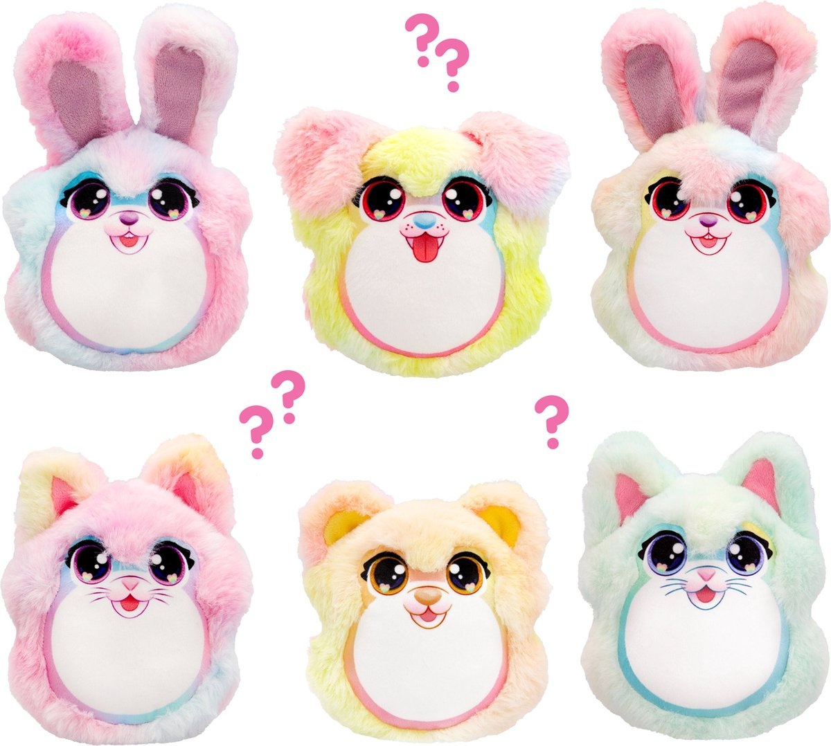 Kolekcja kolorowych pluszowych zwierząt. Obejmuje króliki w różnych pastelowych kolorach. Białe tło.