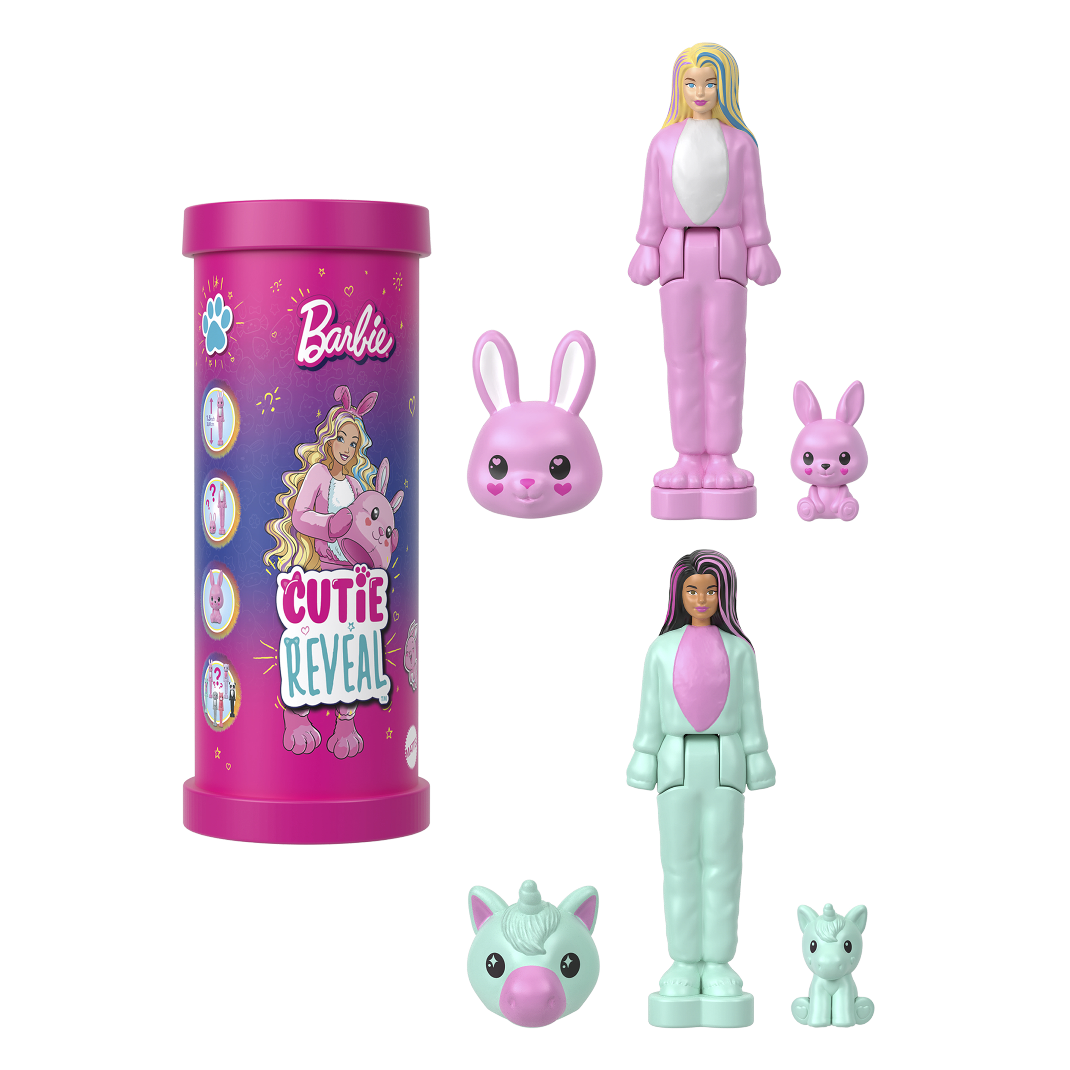 Eine rosa Tube mit einem Barbie-Logo, mit Barbie-Figuren und Zubehör. Mehrere Artikel sind sichtbar.