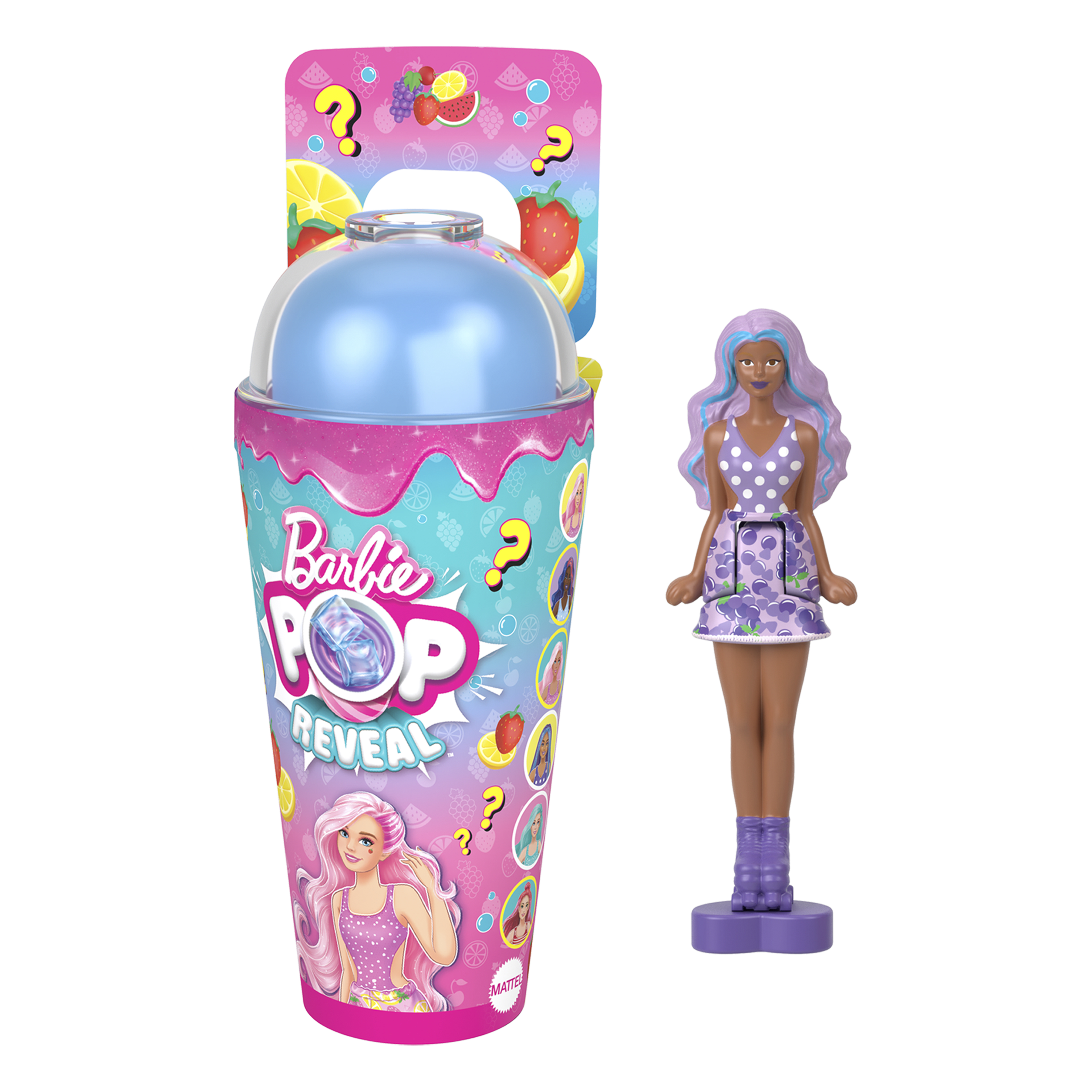 Barbie Pop Reveal Set mit einem Behälter und einer Puppe.