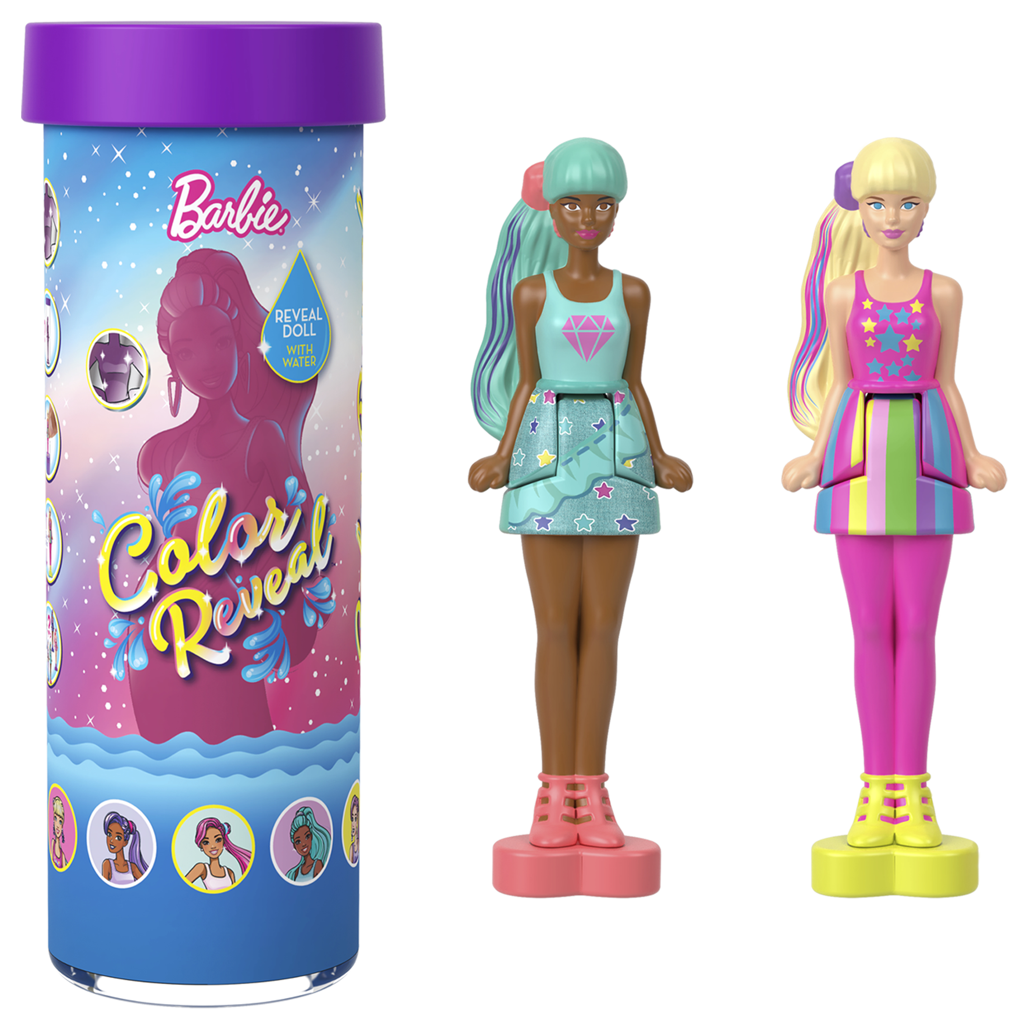 Barbie Color Reveal Puppen-Set. Enthält eine Tube und zwei Puppen.