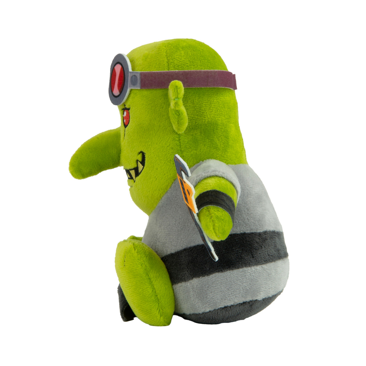 Peluche di goblin verde con occhiali e camicia grigia, che tiene una chiave inglese. Lo sfondo è bianco.