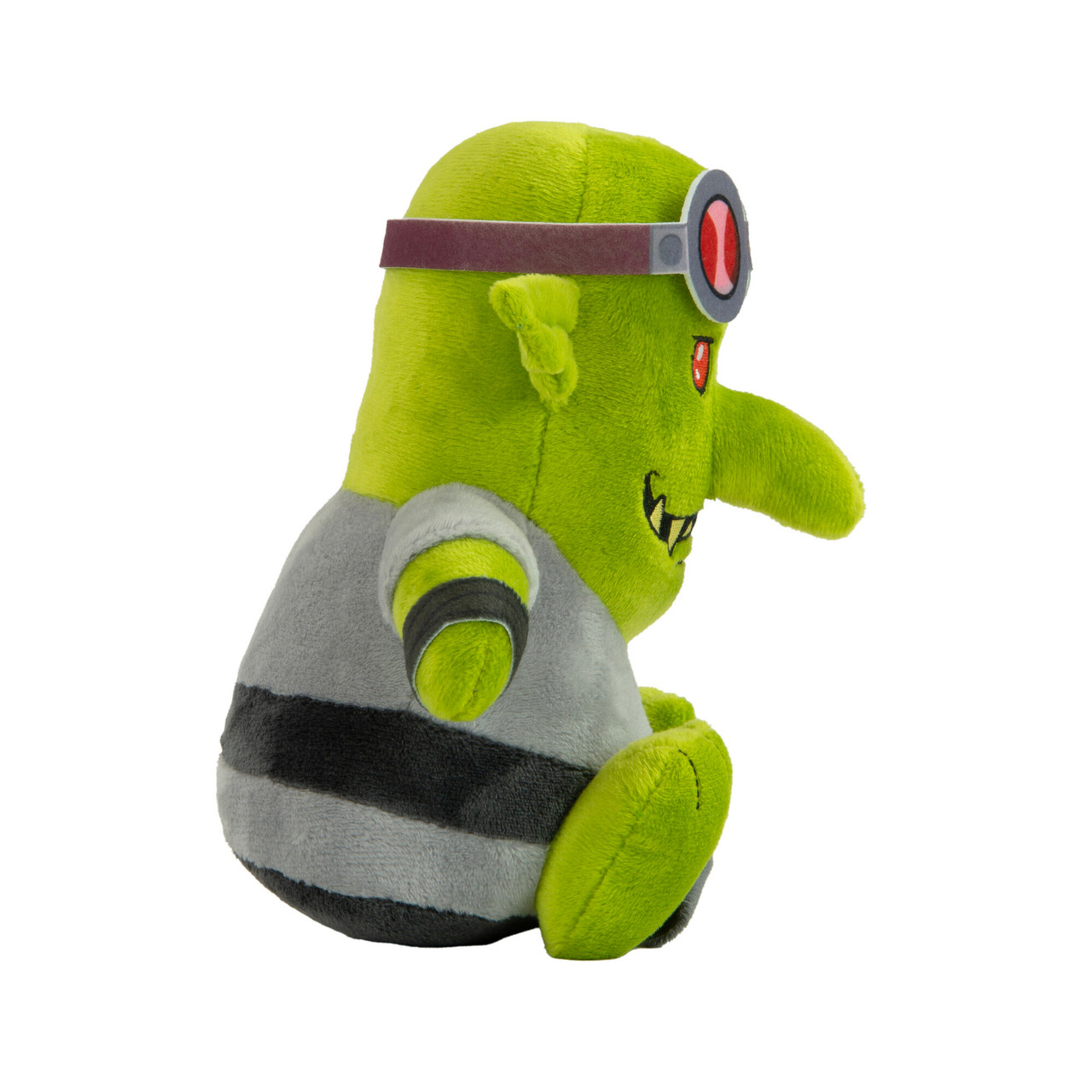 Peluche di goblin verde con occhiali e camicia grigia, che guarda a destra. Lo sfondo è bianco.