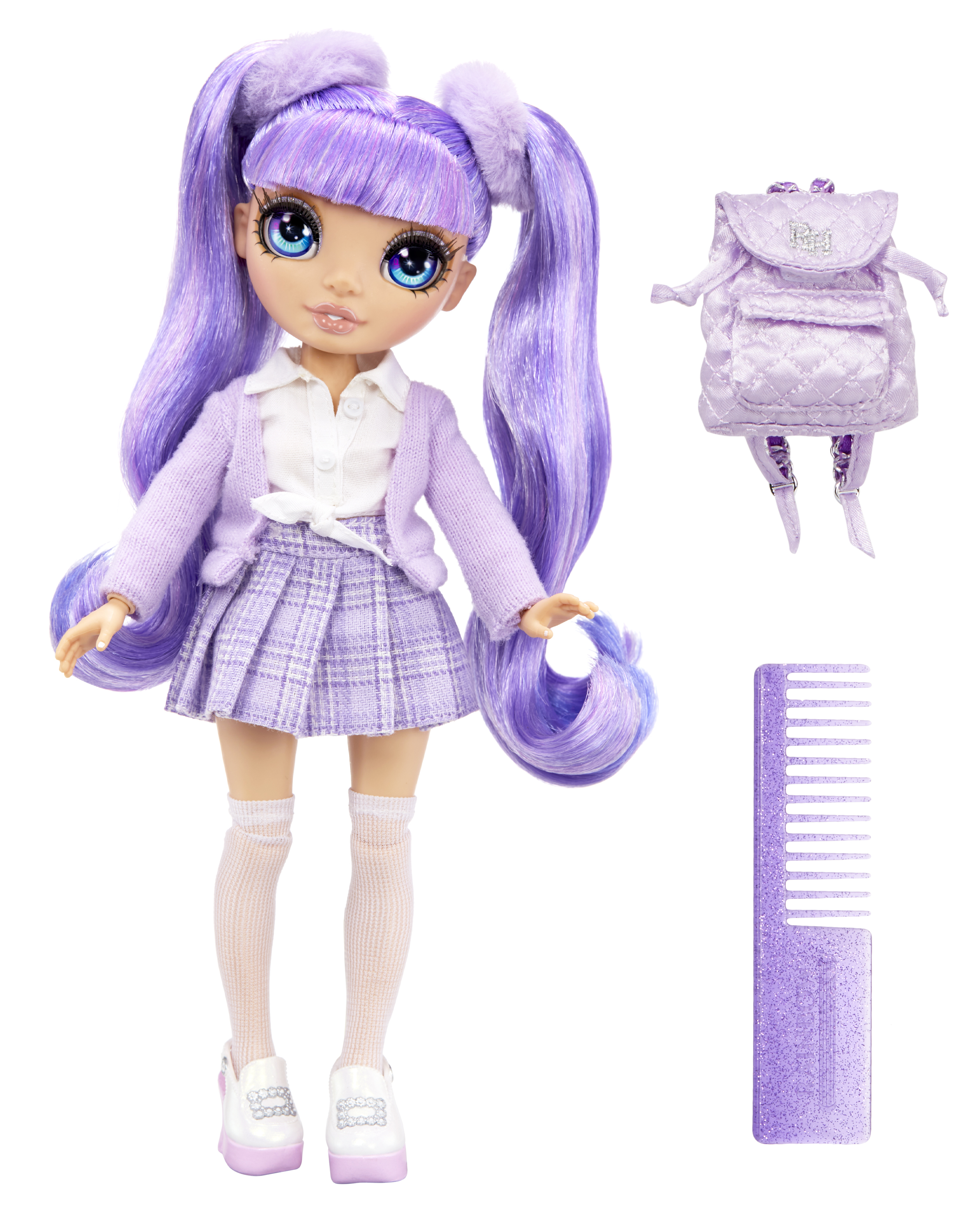 Lalka z fioletowymi włosami z plecakiem i grzebieniem.