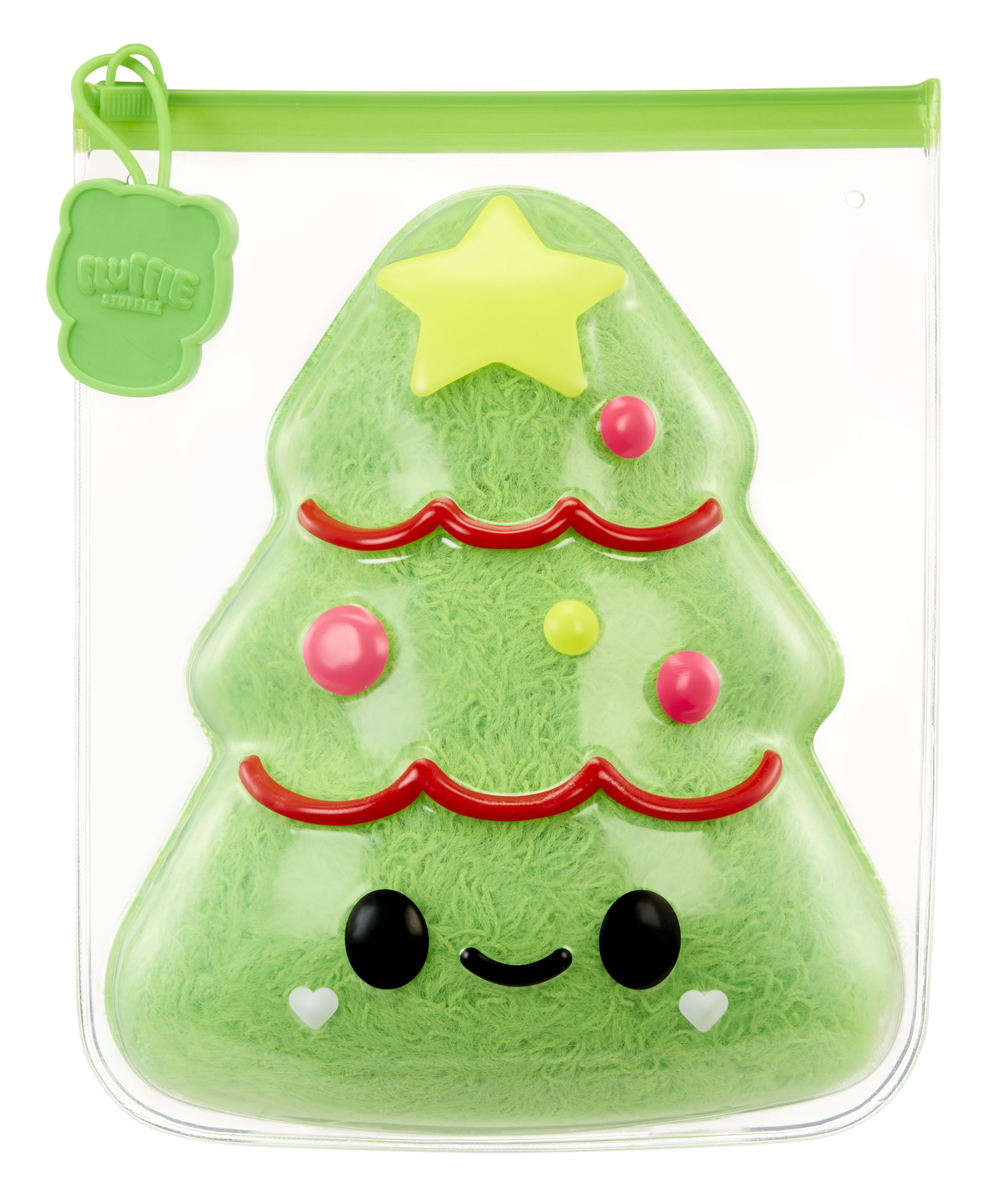 Przezroczysta torba w kształcie choinki wypełniona zielonym puchem, z zieloną etykietą.