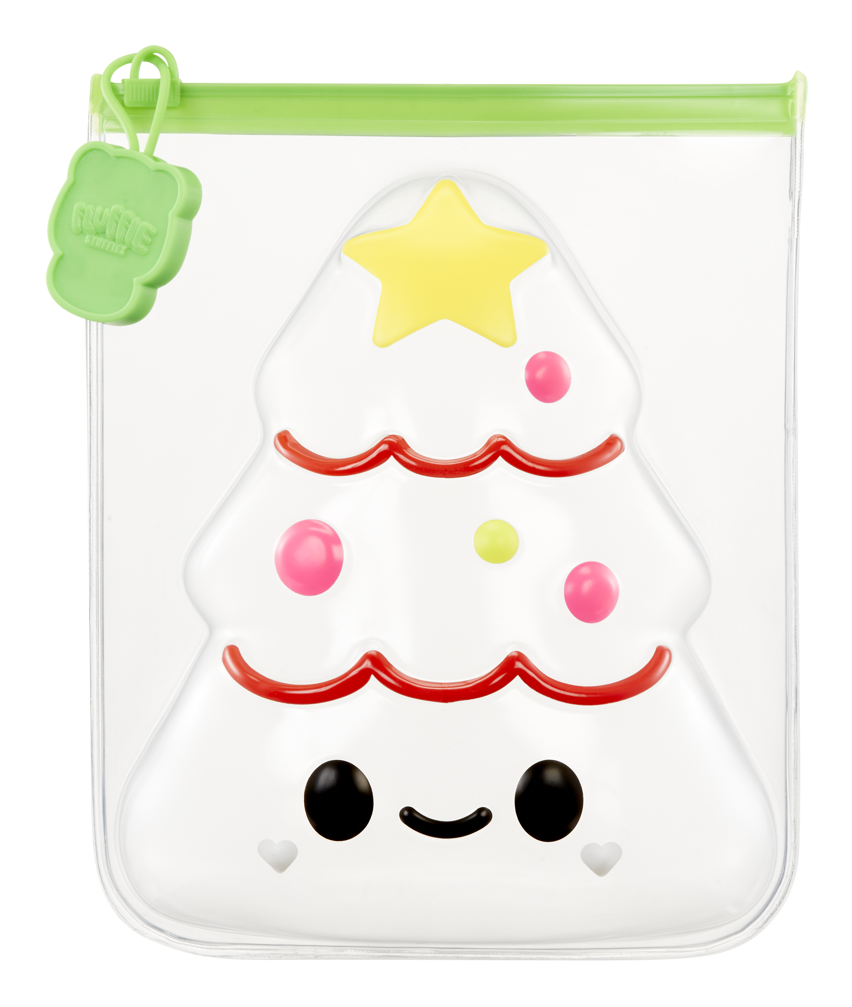 Przezroczysta plastikowa torba w kształcie choinki z zieloną górą i dekoracjami w środku.