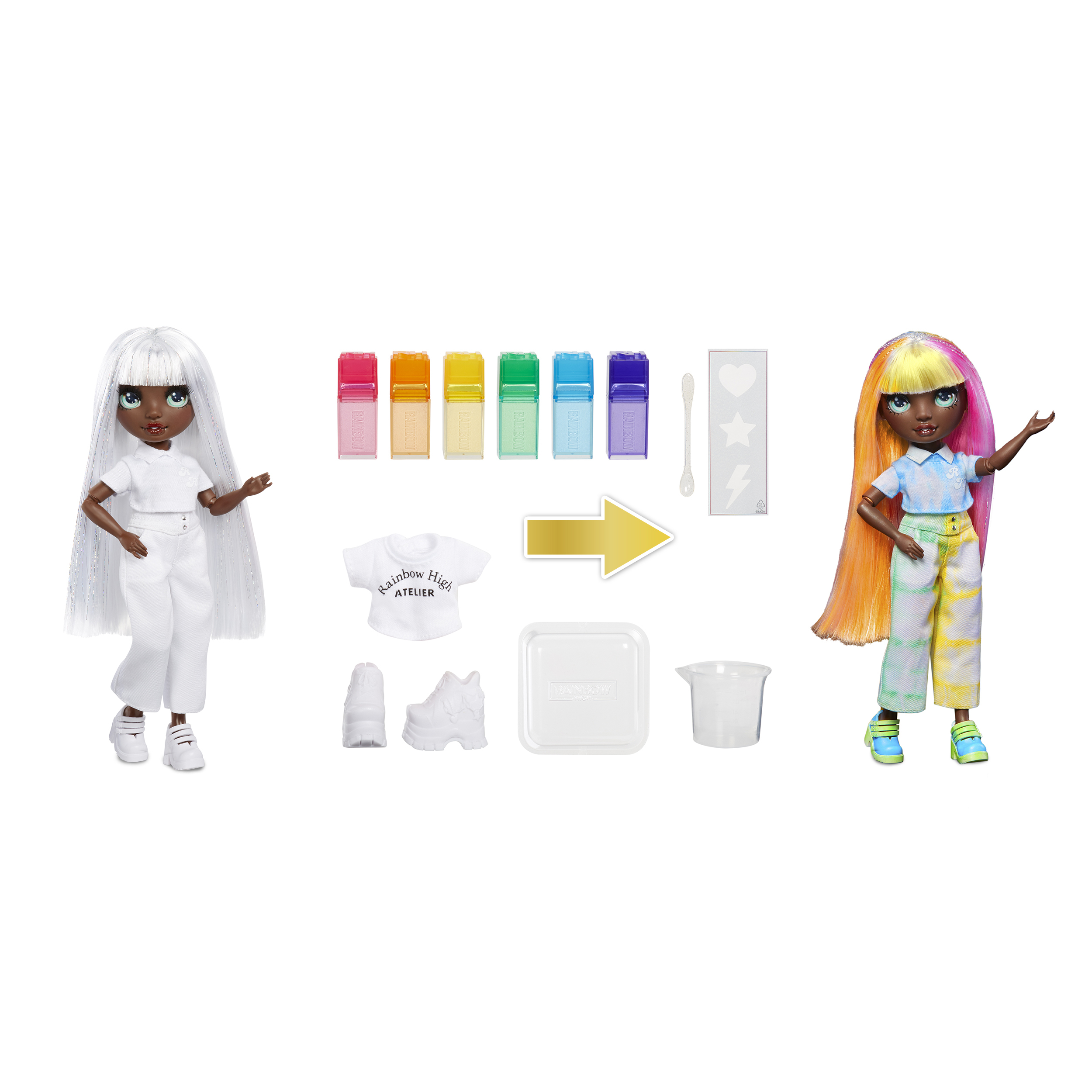 Dwie lalki z akcesoriami. Jedna w bieli, druga w kolorowych ubraniach z akcesoriami takimi jak pędzle i kubki.