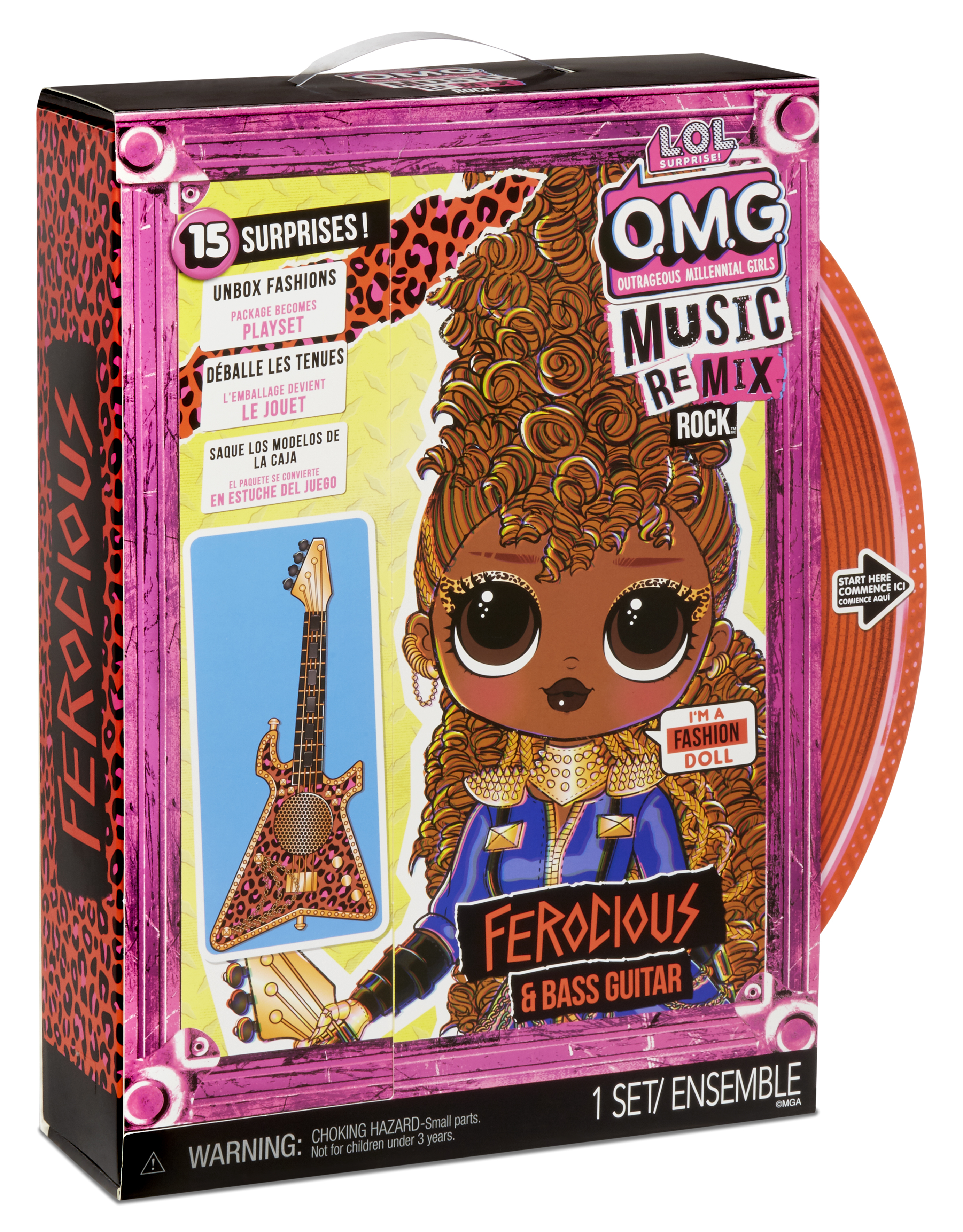 Pudełko z lalką z tekstem i zdjęciem lalki. Ma gitarę i napisy 'Ferocious & Bass Guitar'.