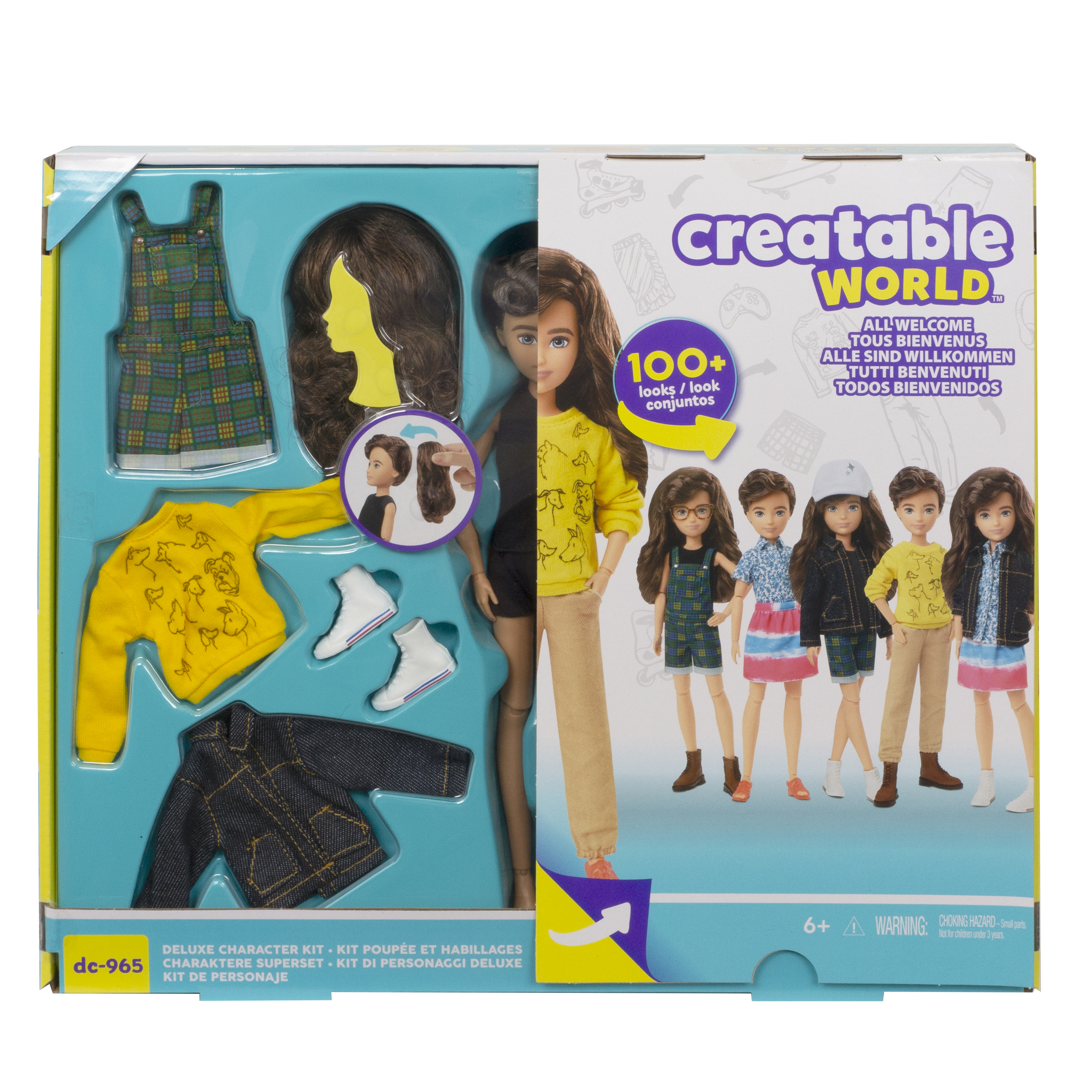 Pudełko z zabawkami z lalką, ubraniami i akcesoriami. Zawiera tekst 'Creatable World'.