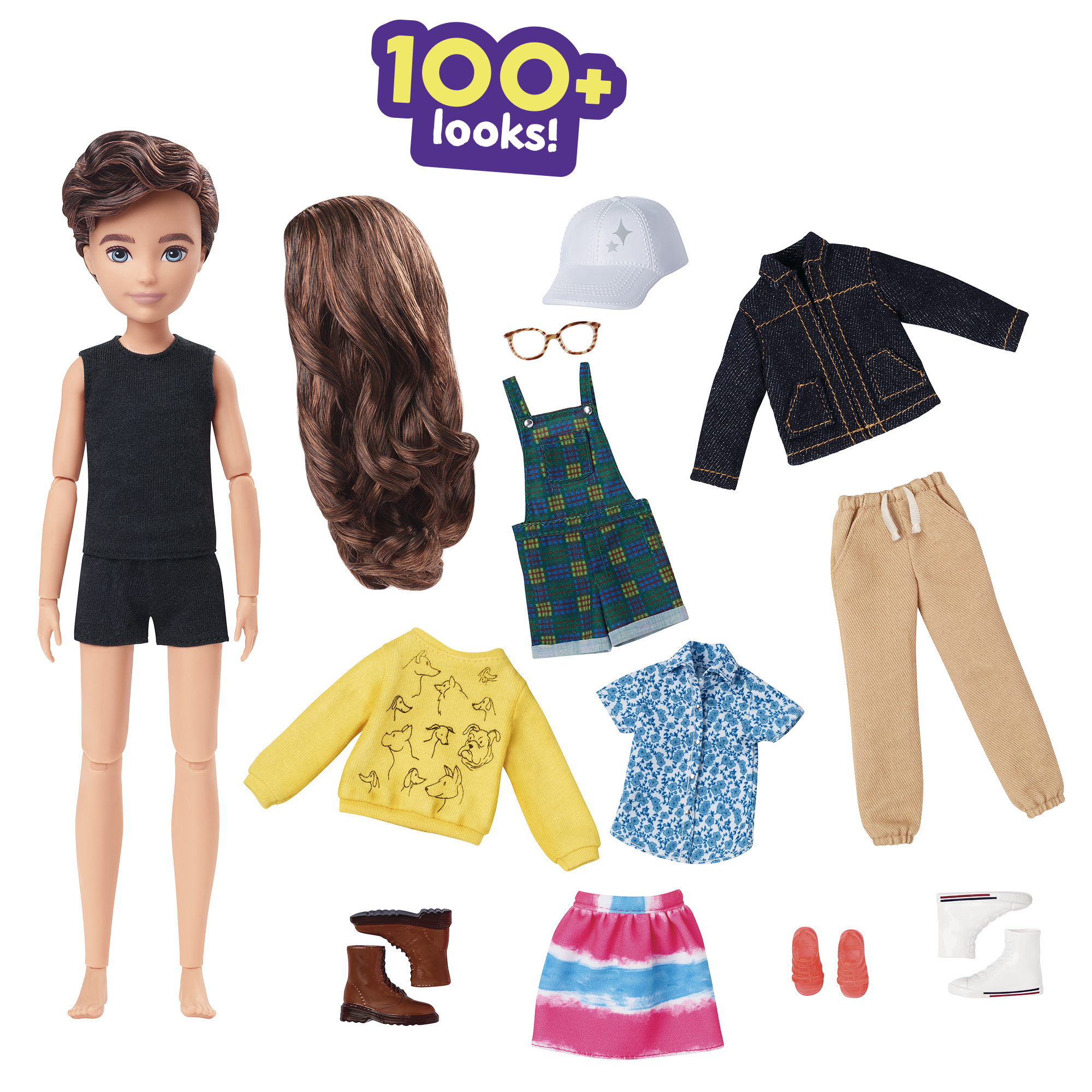 Lalka i wiele elementów odzieży: koszule, spodnie, buty i akcesoria.