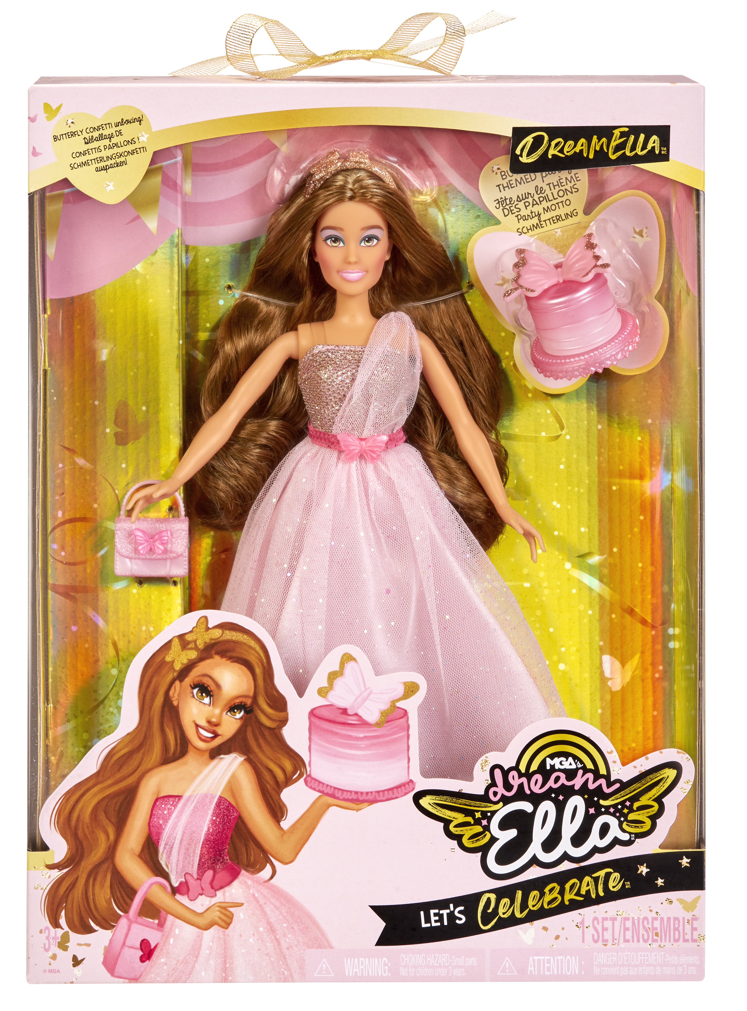 Caja con muñeca DreamElla con vestido rosa y accesorios.