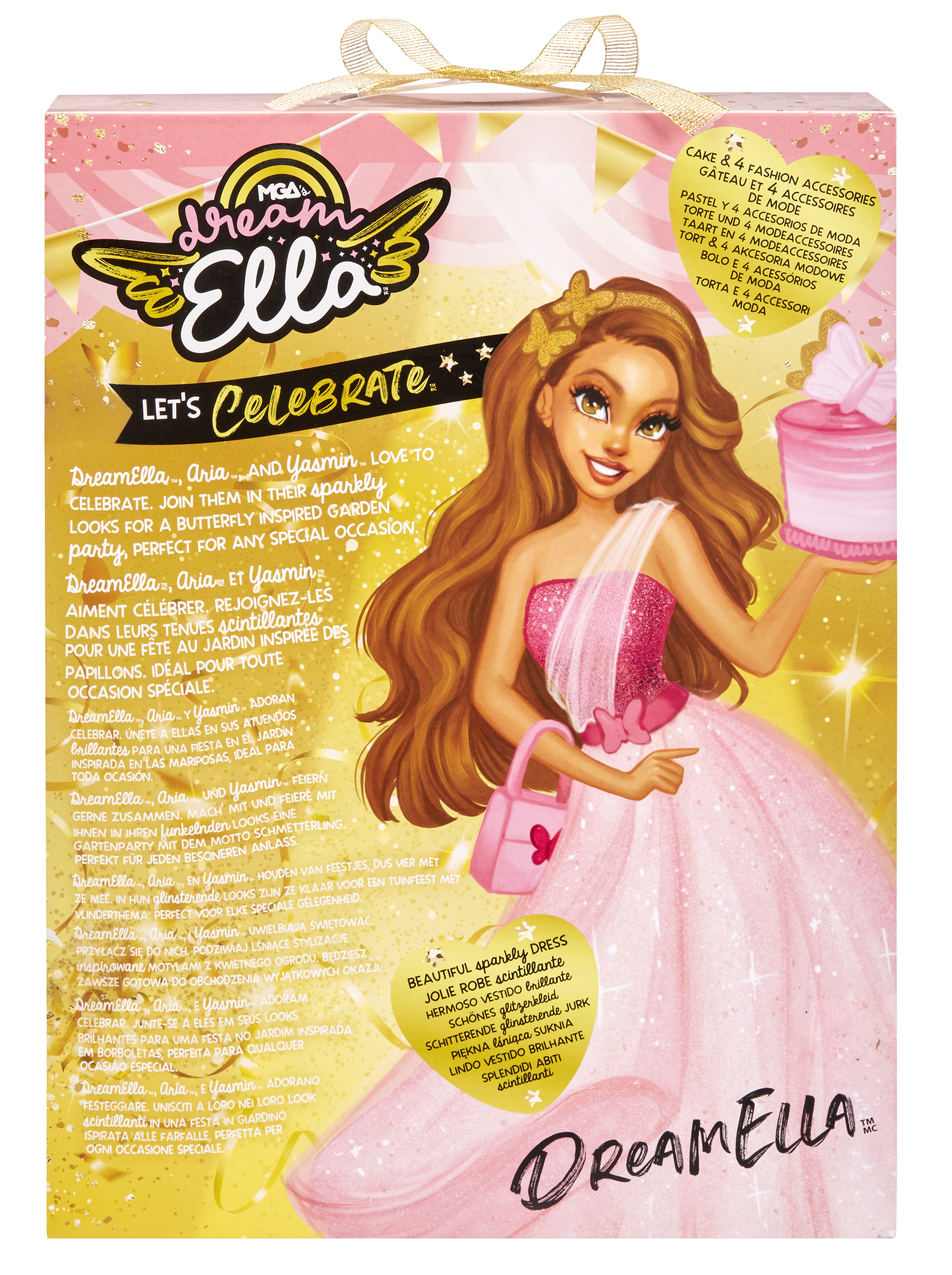 Caja con muñecas DreamElla celebrando una fiesta.