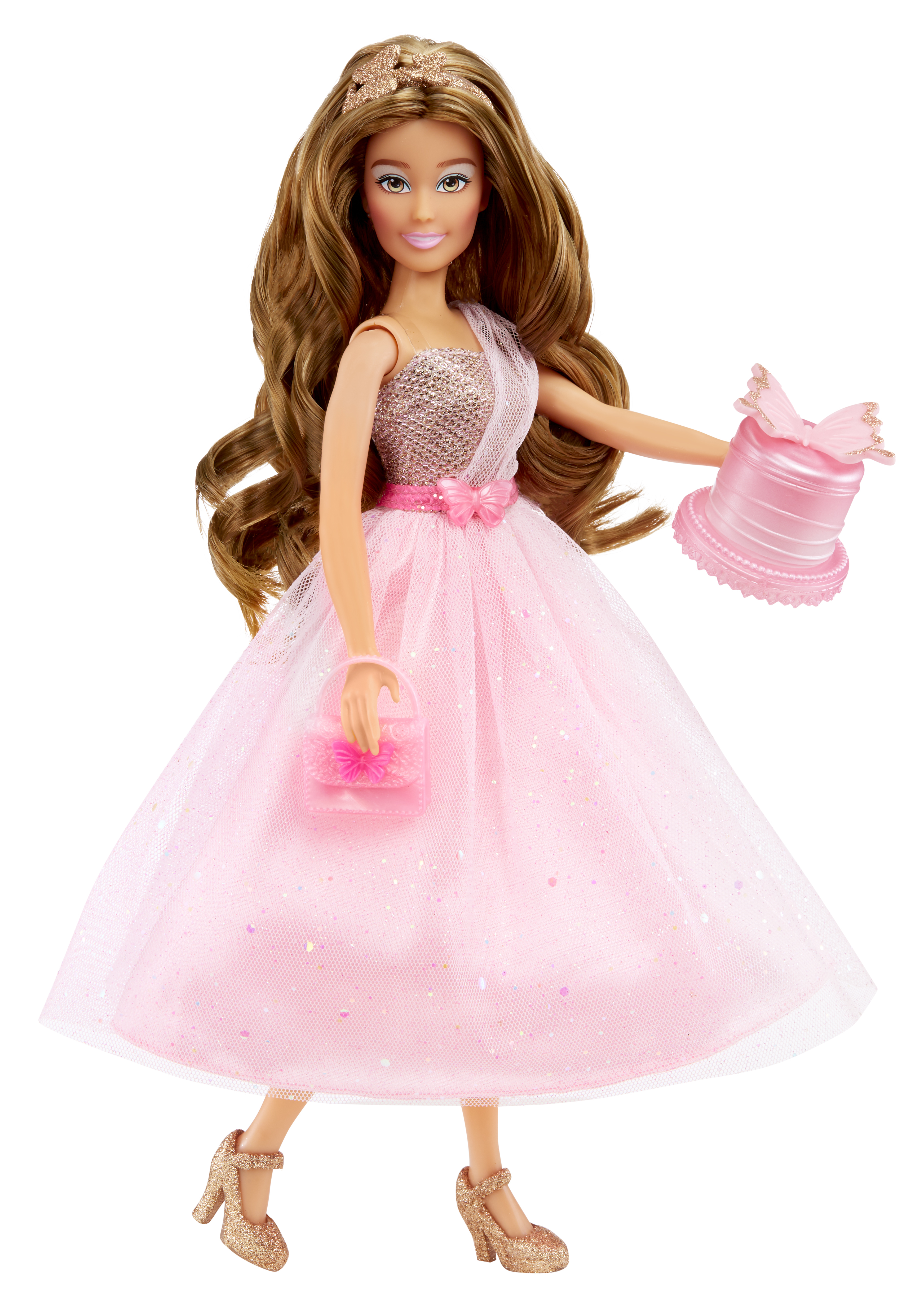 Una muñeca con un vestido rosa sosteniendo un pastel rosa y un bolso.