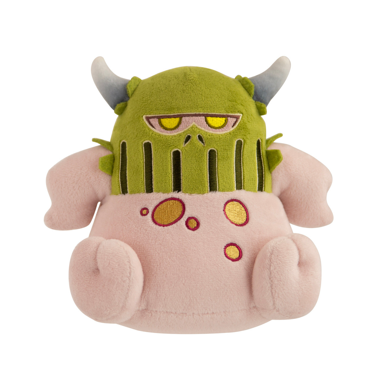 Peluche mostro verde con corpo rosa e casco verde con occhi gialli.