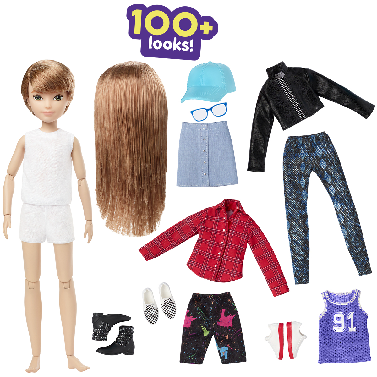 Eine Puppe mit verschiedenen Kleidungsstücken. Enthält eine Perücke, einen Hut, eine Brille, ein Hemd, Shorts, eine Hose und Schuhe.