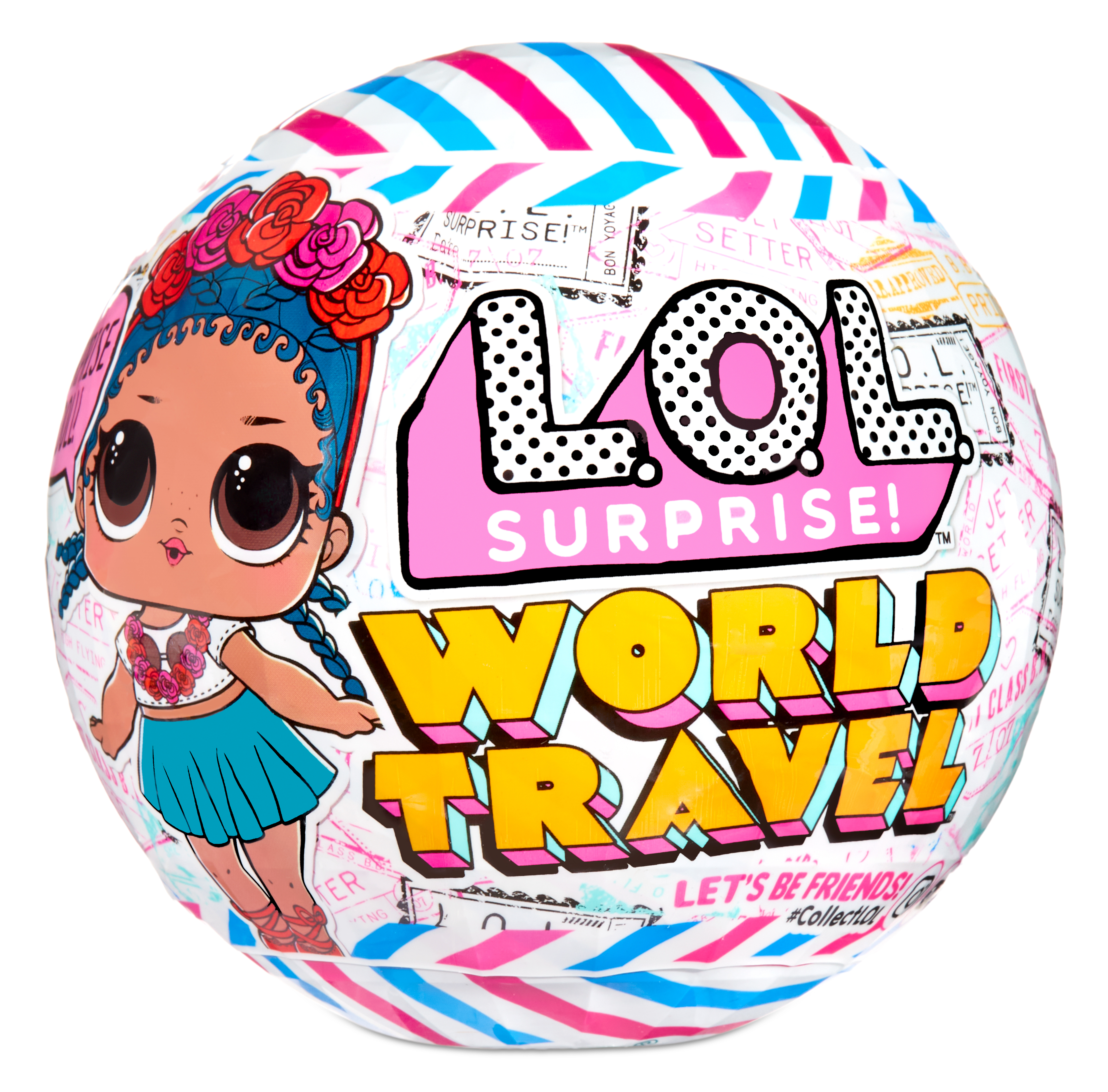 Una bola LOL Surprise con una muñeca. Tiene rayas rosas y azules. El texto dice 'World Travel'.