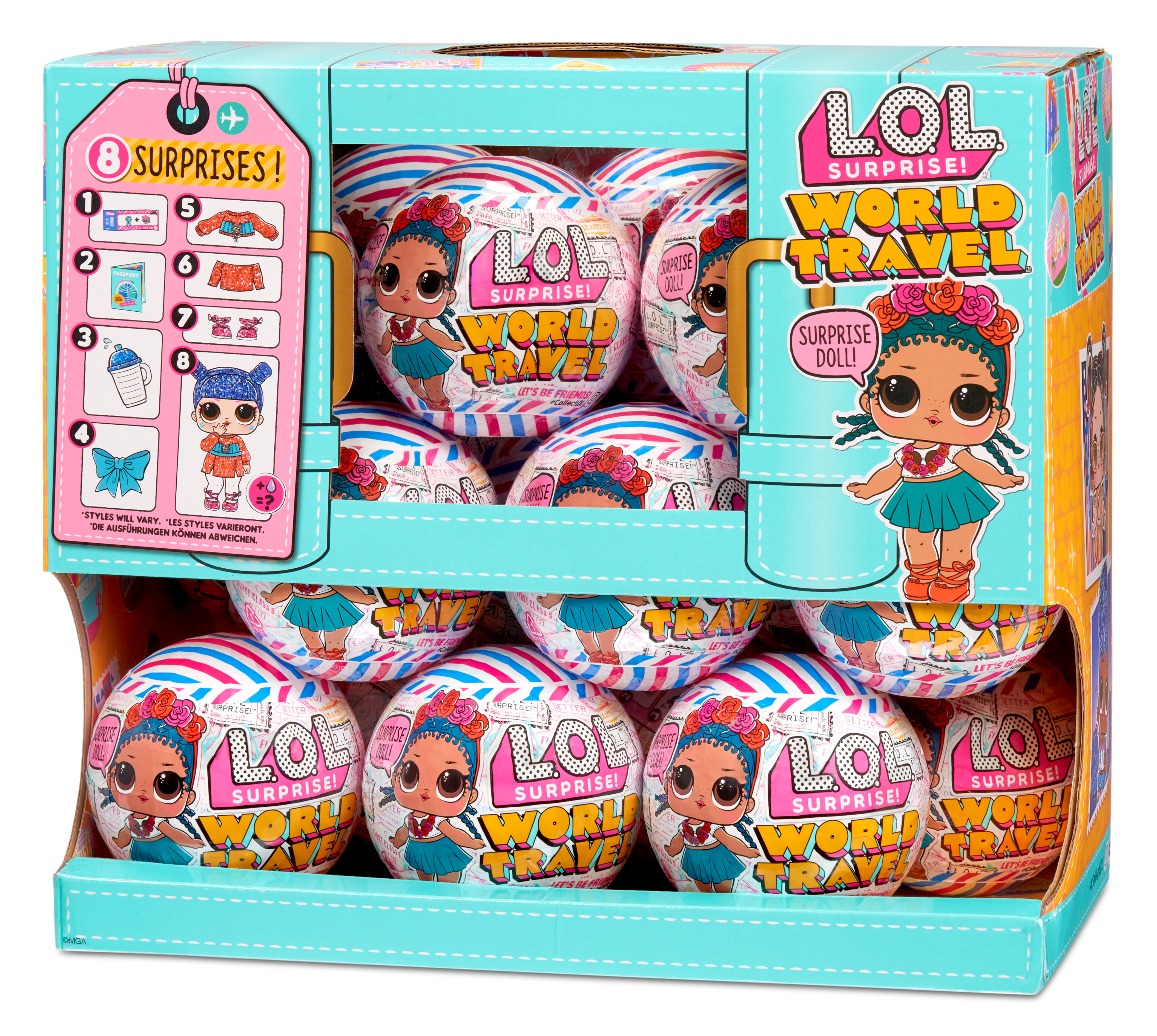 Caja de muñecas LOL Surprise! World Travel. Se ven algunas bolas.