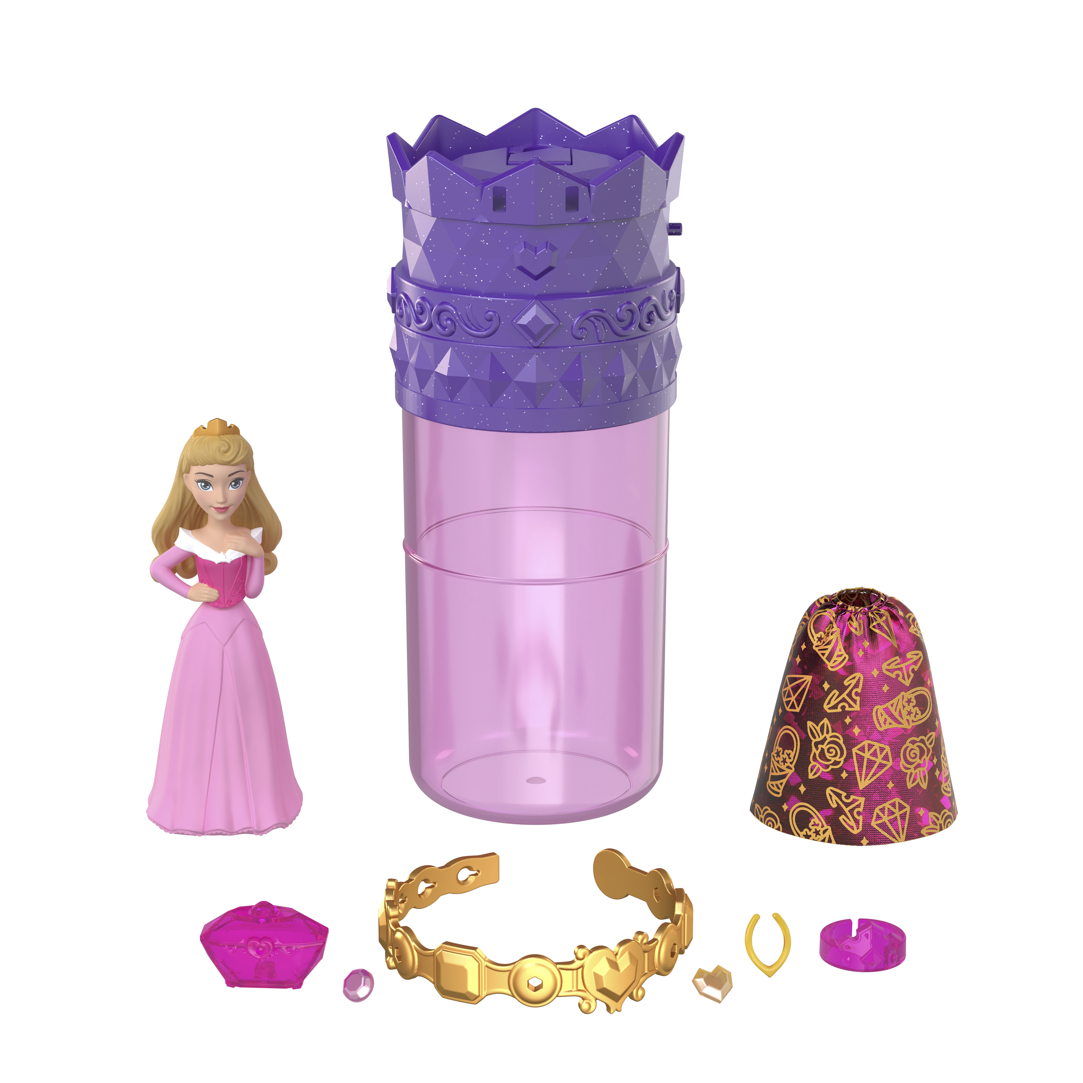 Prinzessin Aurora Figur mit Zubehör. Enthält eine Krone, ein Armband und andere Gegenstände.
